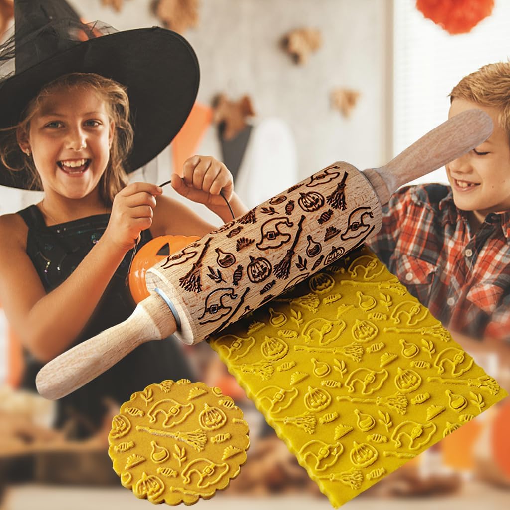 Rodillo en relieve de Halloween para galletas, rodillos de madera, diseños espeluznantes para hornear de Halloween, rodillos de madera en relieve (C)