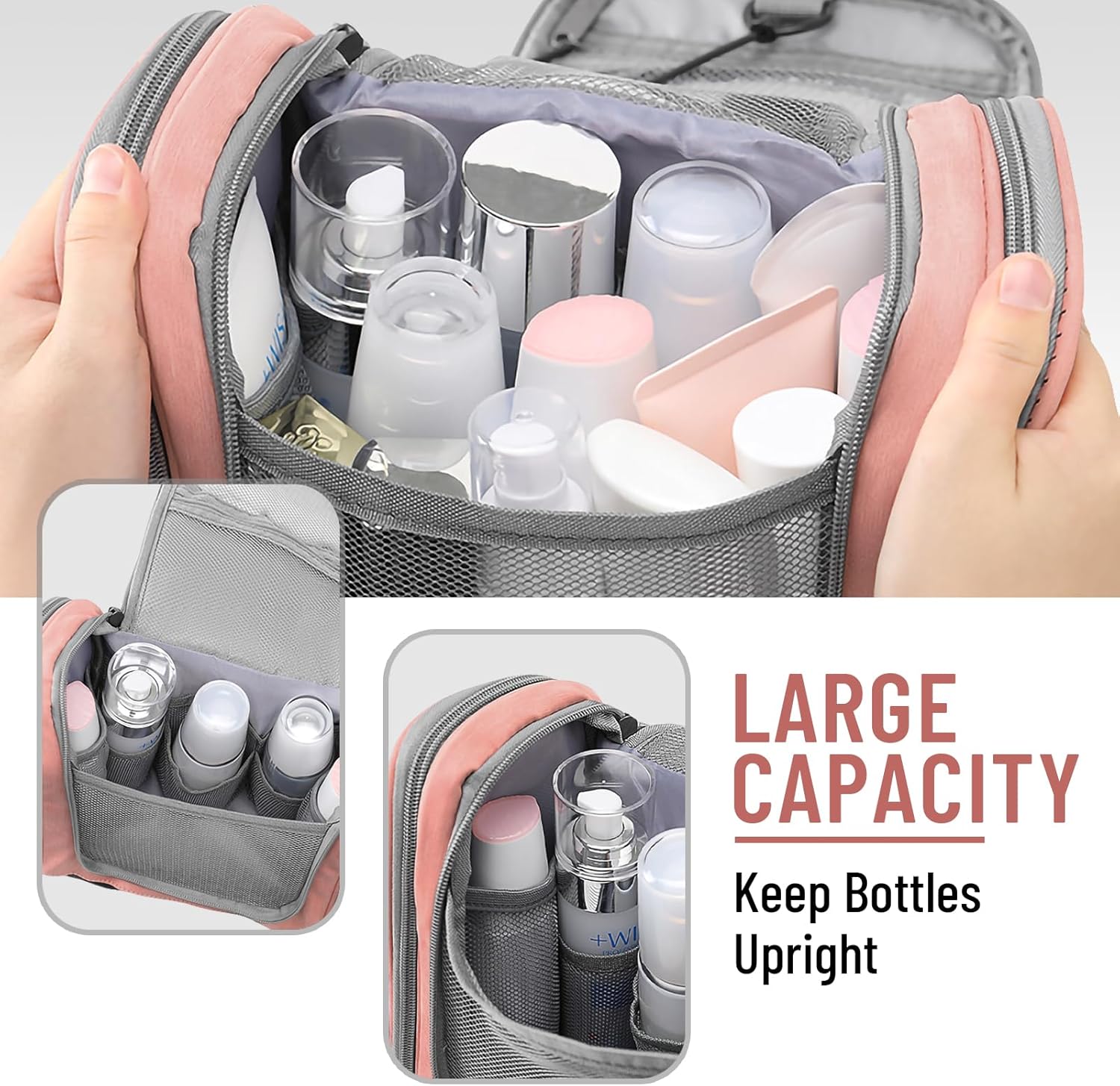 WOOMADA Neceser de aseo para mujer, resistente al agua, bolsa de maquillaje con gancho colgante de metal, 7 compartimentos organizadores, bolsa