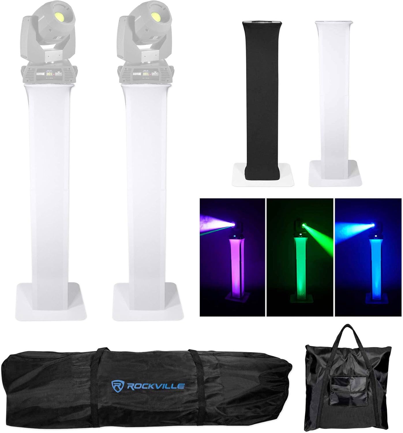 (2) Rockville RTP32W Totem – Soporte de luz de cabeza móvil + Scrims negro+blanco+bolsas de transporte para focos Chauvet Rogue R1X