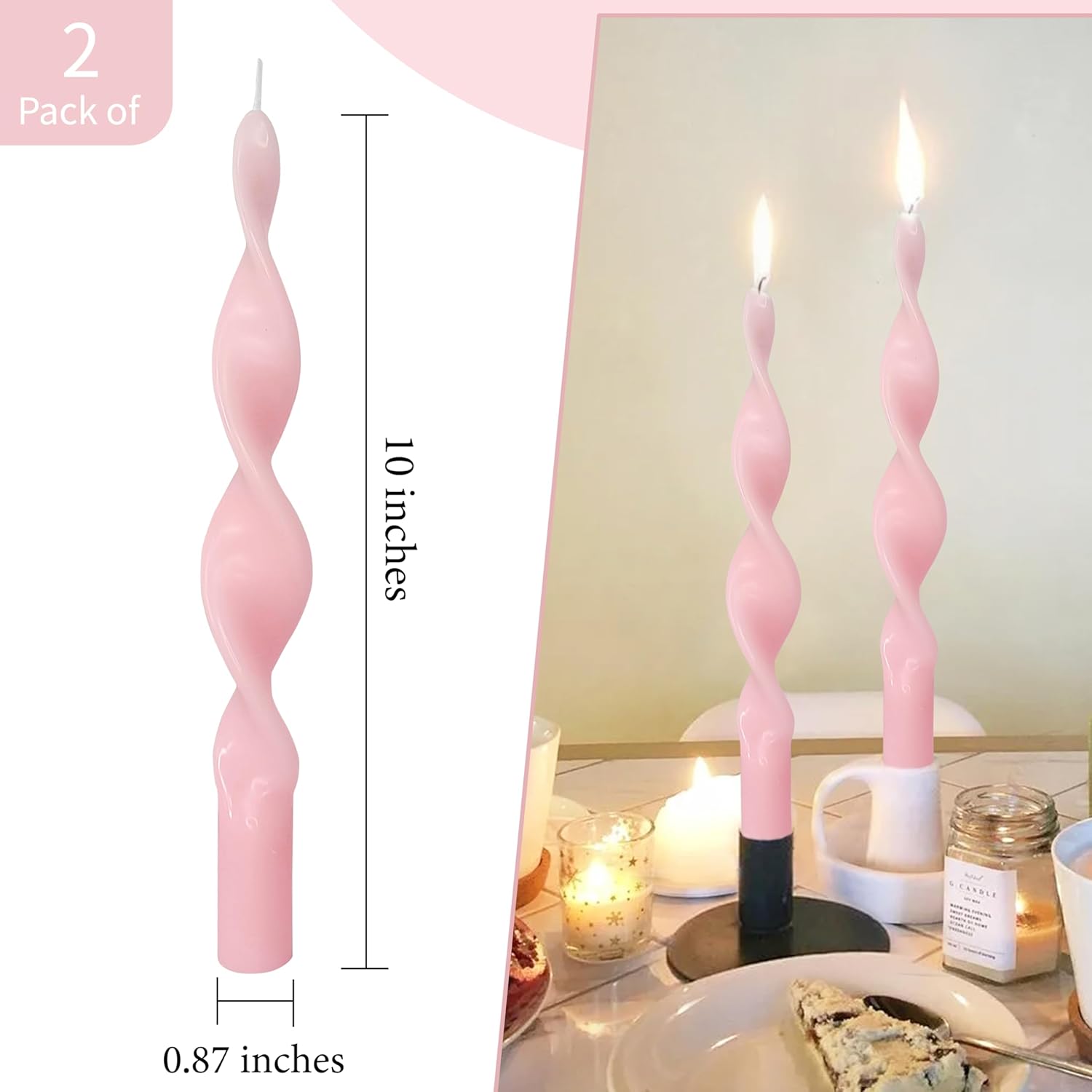 Velas en espiral, color rosa, sin perfume, 2 velas hechas a mano, velas de boda de 10 pulgadas para proponer San Valentín, cena, hogar, relajación y