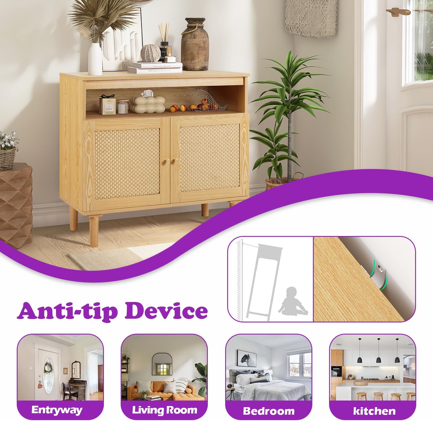 TYBOATLE Armario de buffet moderno con almacenamiento, aparador bohemio con 2 puertas de ratán tejido kraft y estantes ajustables, mesa de consola