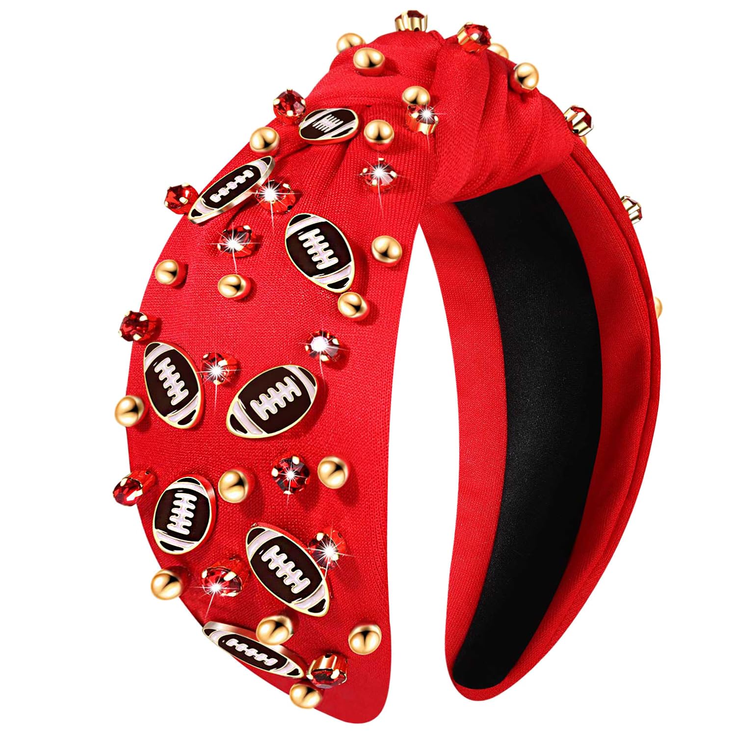 Diadema de fútbol para mujer, accesorios de fútbol, diadema anudada con diamantes de imitación, adornos de fútbol adornados con nudo superior ancho,