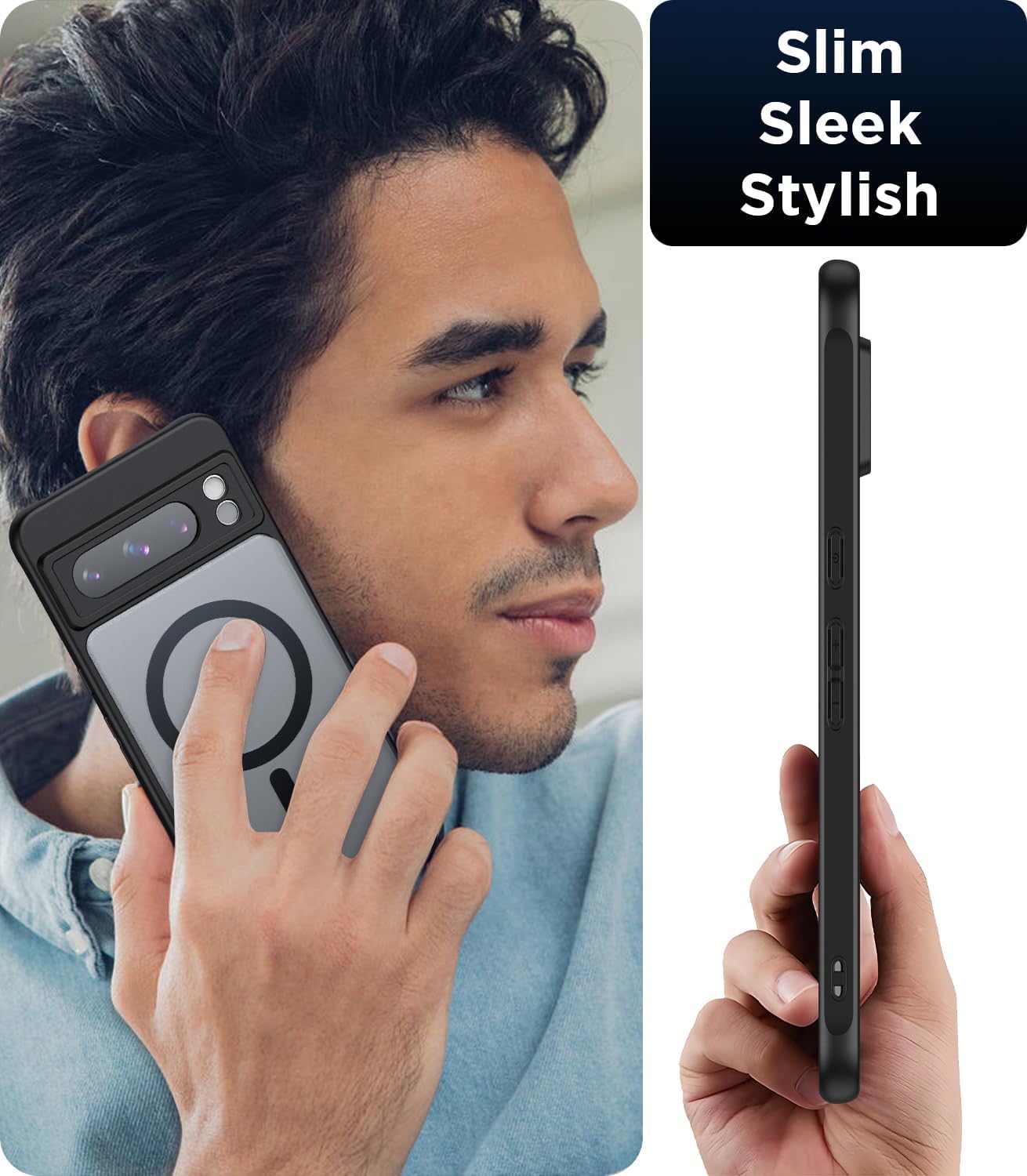 Funda magnética para Google Pixel 8 Pro compatible con MagSafe delgada, translúcida mate, parte trasera dura y parachoques negro suave, cubierta a