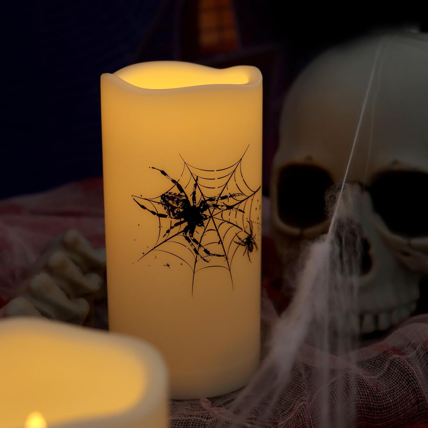 Velas sin llama para exteriores con temporizador de ciclismo, luces LED eléctricas parpadeantes realistas de plástico falso con araña para