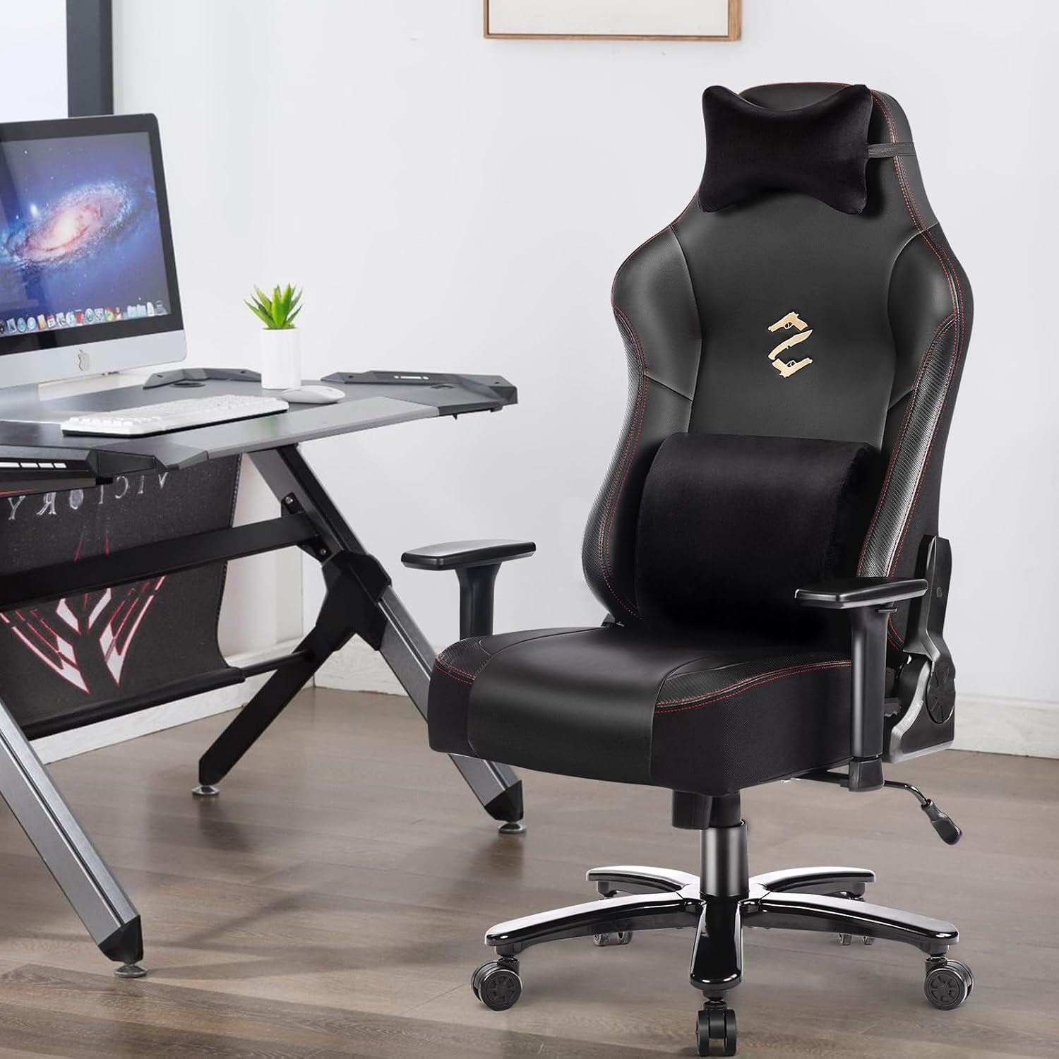 Fantasylab Silla de juegos grande y alta de 400 libras con almohada lumbar de masaje, reposacabezas, reposabrazos 3D, base de metal, piel sintética