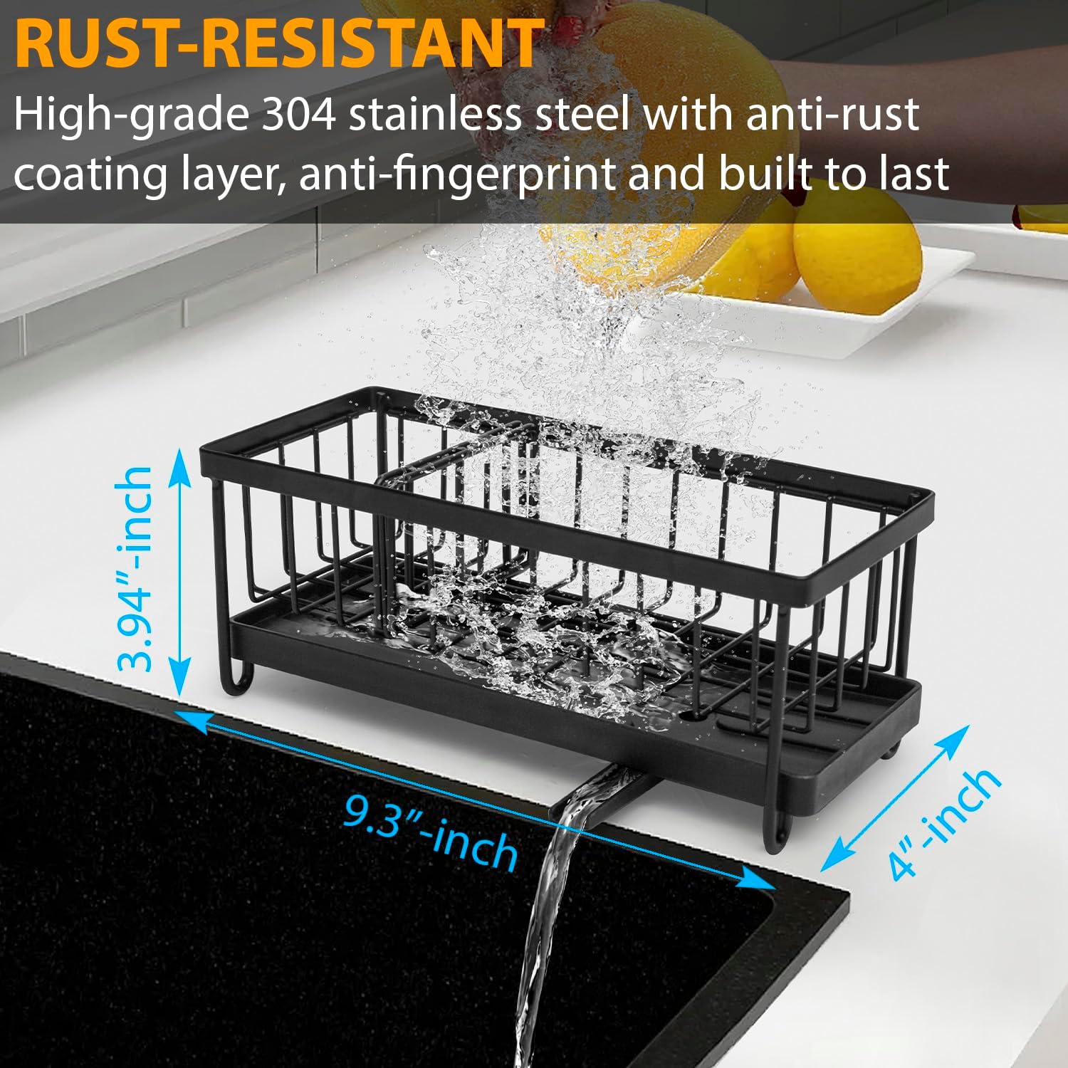 KSEV Organizador de fregadero con bandeja de drenaje ajustable con boquilla automática (acero inoxidable inoxidable), organizador de fregadero de