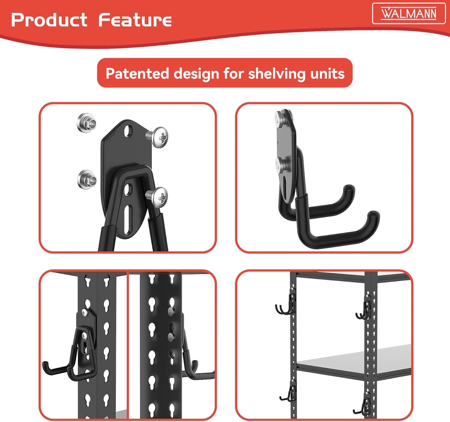 WALMANN Ganchos de almacenamiento de garaje, ganchos de montaje en pared para herramientas, escaleras, cables, sillas plegables, palas y rastrillos,
