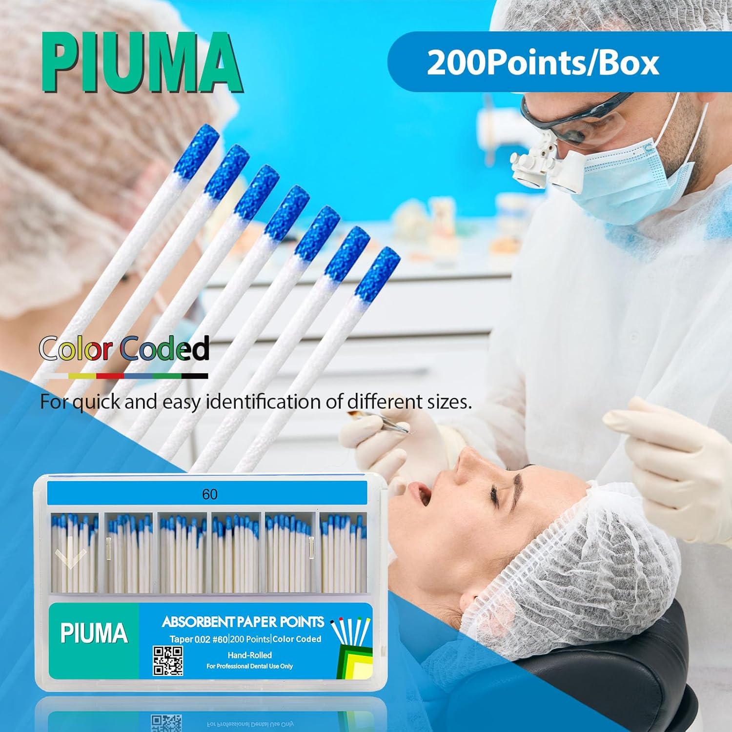 200 puntos de papel absorbente Piuma de grado dental #60 de varios tamaños  Tapper para endodoncia endodóntica dental, estéril, tamaños mixtos