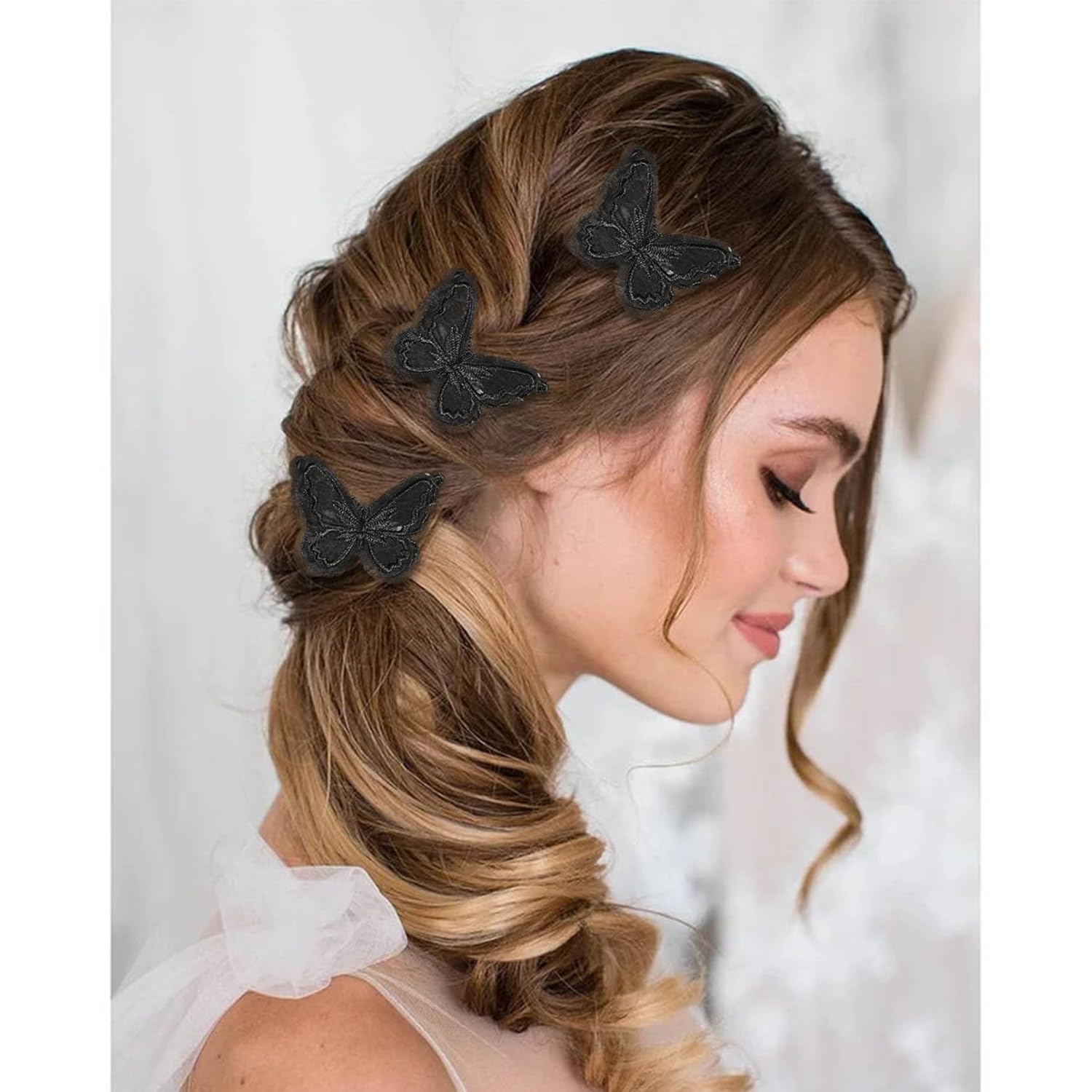 DEEKA 16 pinzas para el cabello de mariposa negra, 2 tamaños, encaje bordado, hechas a mano, pinzas para el cabello de boda, pasador, accesorios