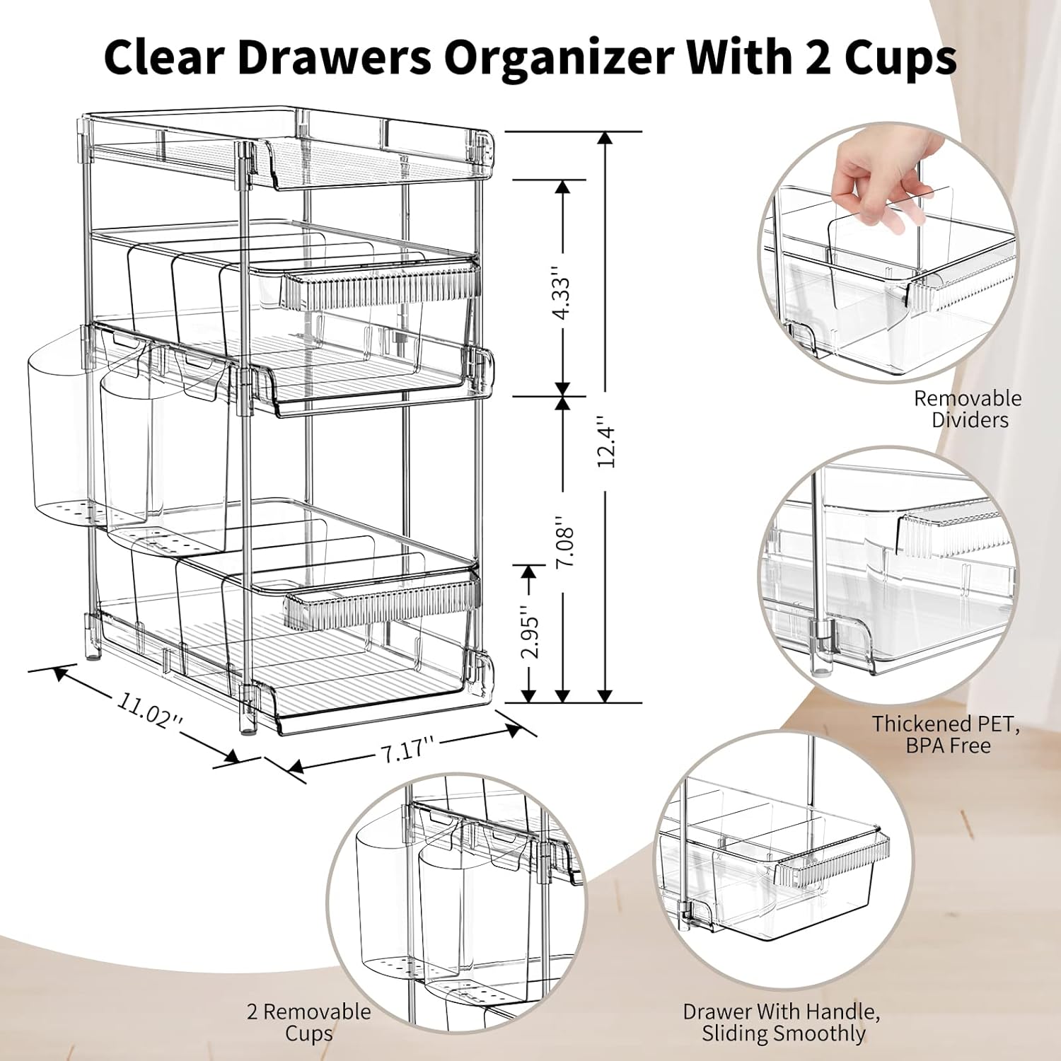 Organizadores de baño transparentes de 3 niveles, organizador extraíble y almacenamiento con 2 tazas, contenedor de almacenamiento deslizante con 6
