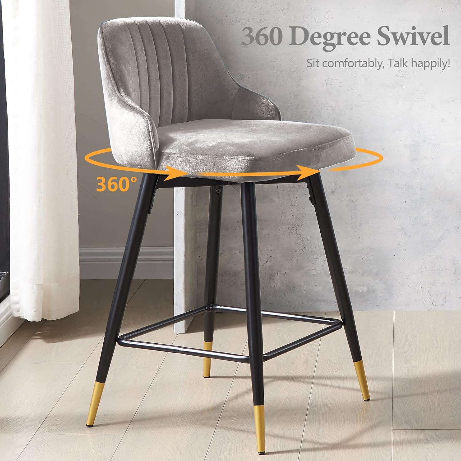 Juego de 2 taburetes de bar giratorios de altura de mostrador con respaldo bajo y cómodas sillas de bar, sillas de bar de terciopelo, patas de metal