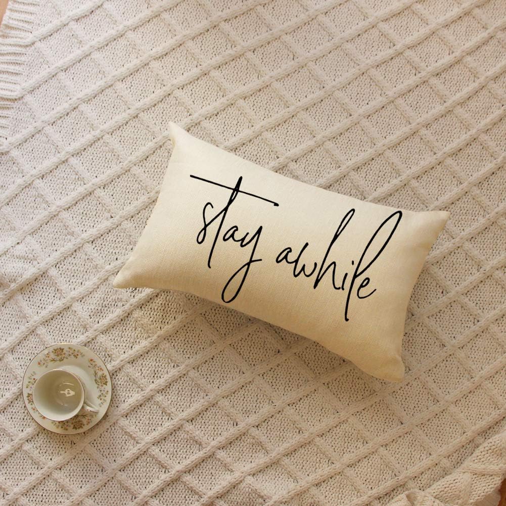Ogiselestyle Fundas de almohada de granja con citas Stay Awhile de 12 x 20 pulgadas, fundas de almohada lumbares decorativas para el hogar, funda de