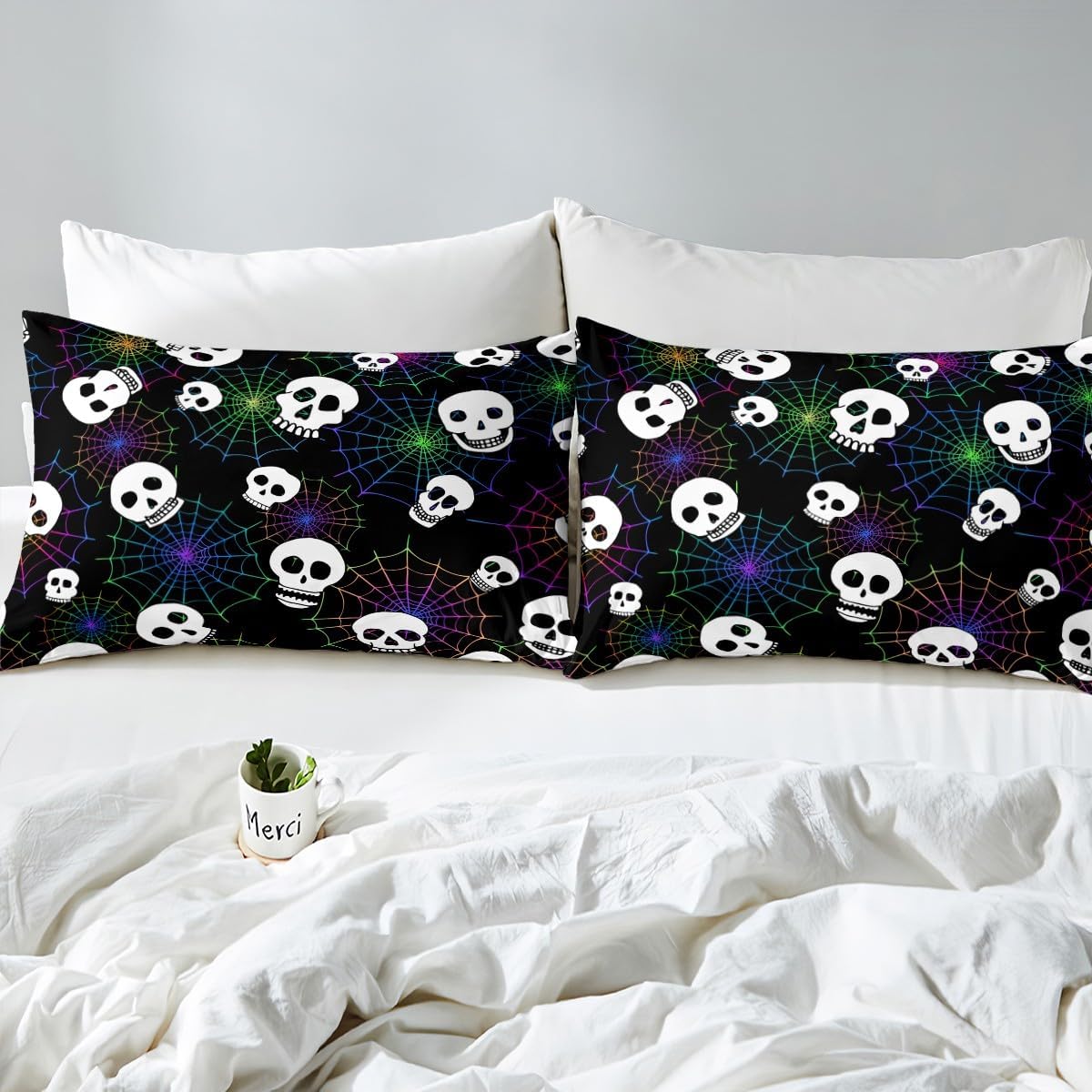 Juego de ropa de cama con temática de Halloween, tamaño Queen, funda de edredón de calavera de azúcar para niños, niñas, adolescentes, tela de