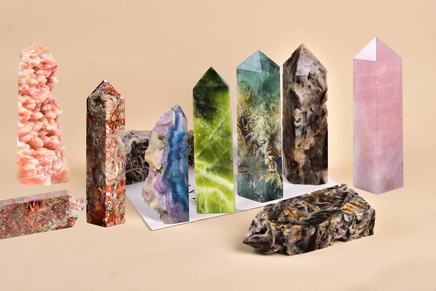 AMOYSTONE Varitas de torre de cristal curativo, geodas cuadradas de calcita naranja, obelisco en racimo para decoración del hogar, terapia de
