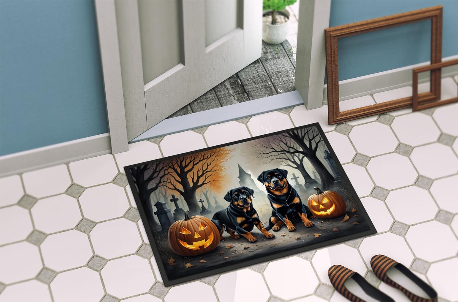 Caroline’s Treasures DAC2062MAT Rottweiler – Tapete espeluznante de Halloween de 18 x 27 pulgadas, tapete para puerta delantera, para interiores y