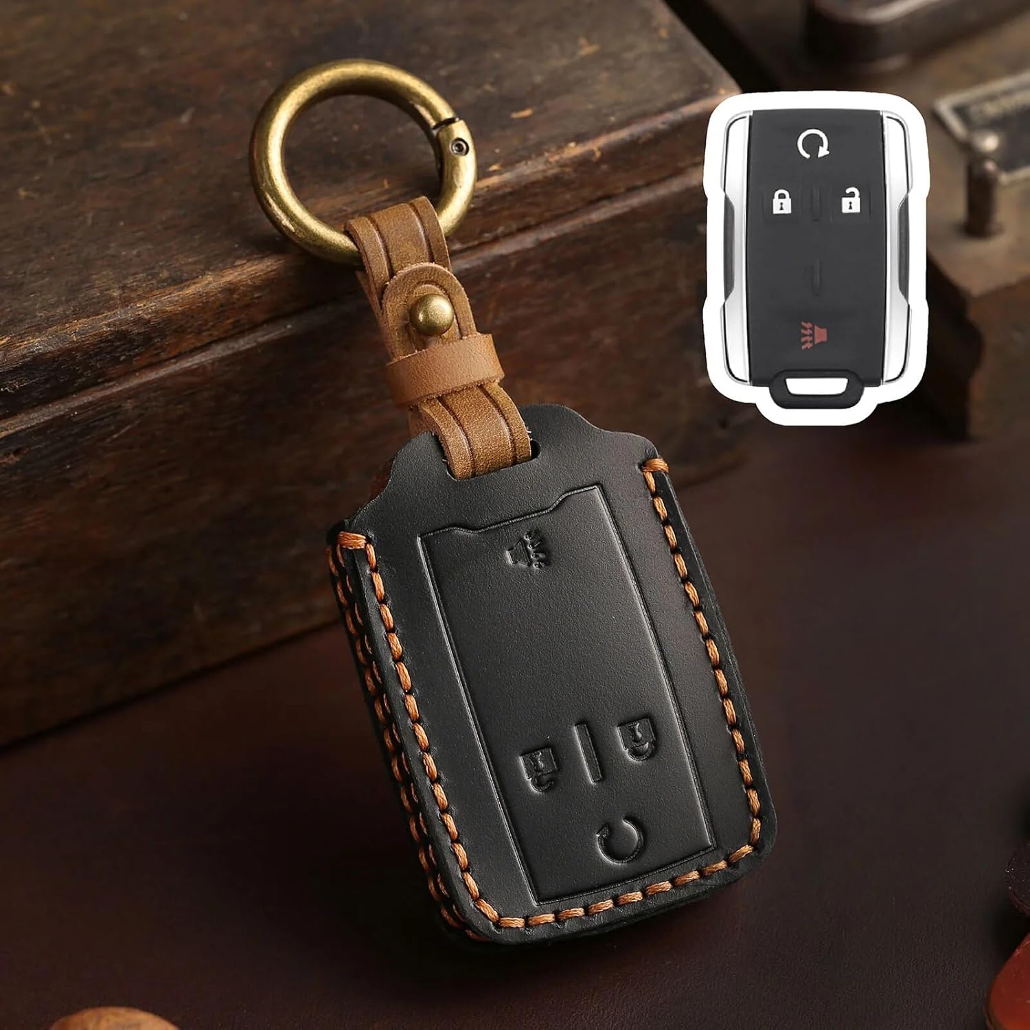 Funda de cuero genuino para llavero inteligente de 4 botones para GMC Canyon Remote Key Holder Protector (negro)