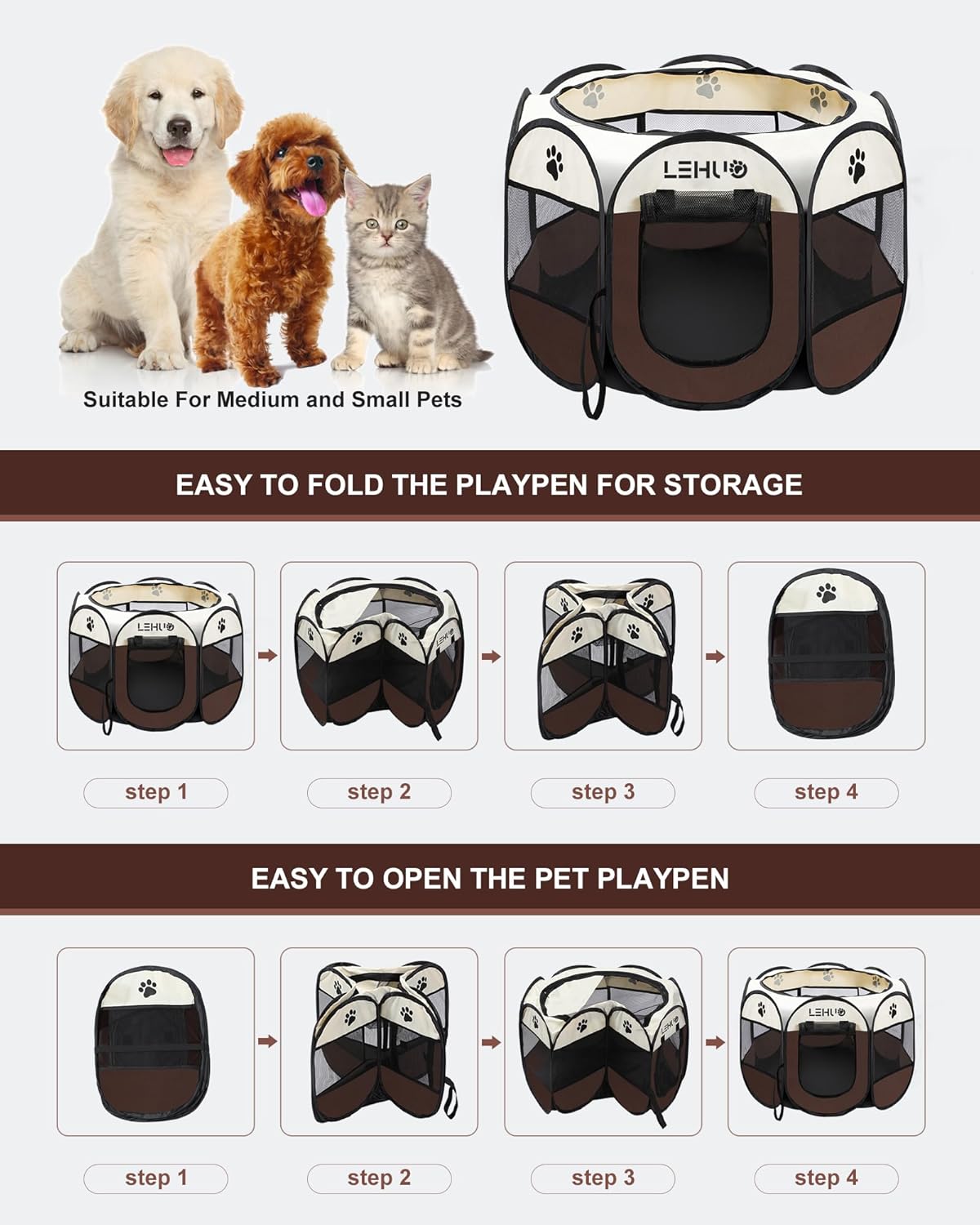 Corralito para perros para interiores, portátil, plegable, para mascotas, tela Oxford 600D de alta calidad, 45 pulgadas, con cremallera superior,