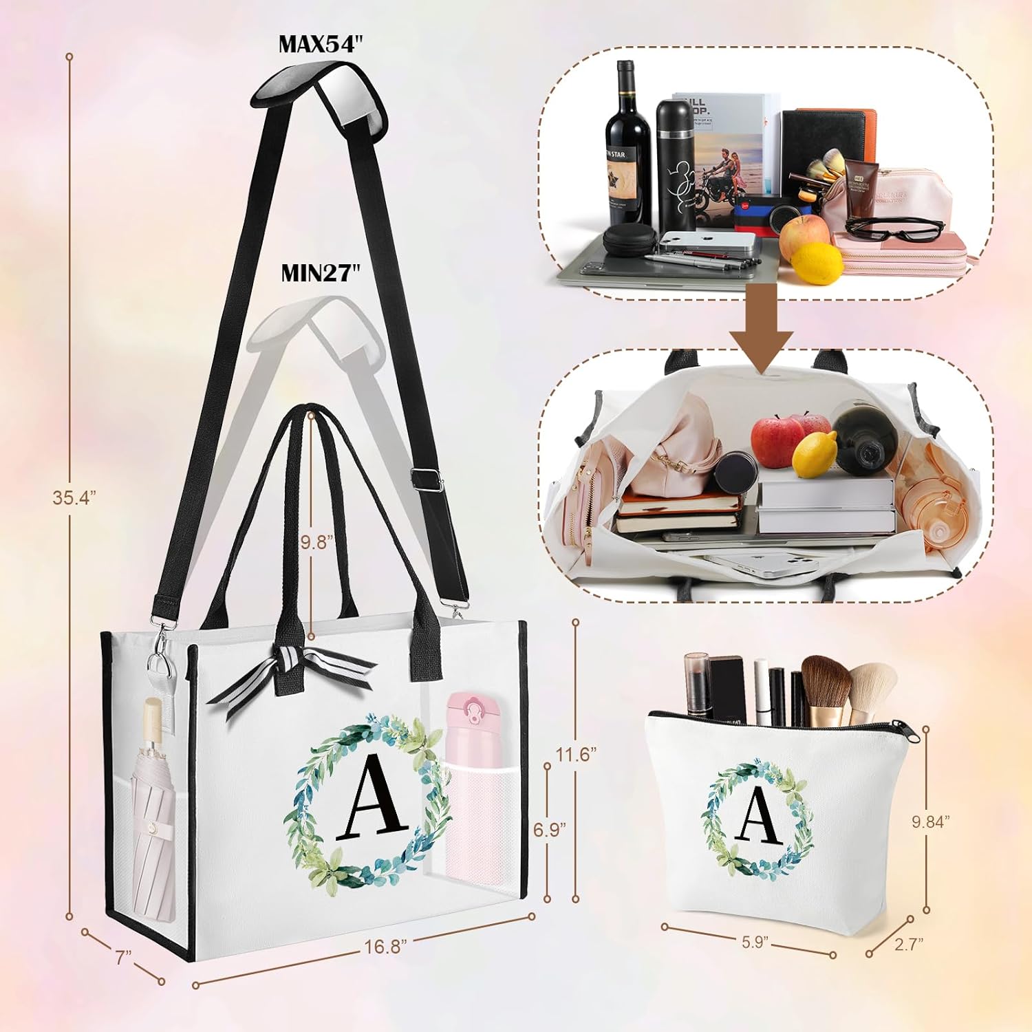 Can-vas – Bolsa de playa con iniciales florales para mujer, bolsa de playa con bolsillo interior, 2 bolsillos laterales, correa de hombro, caja de