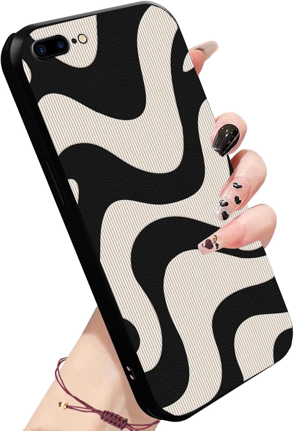 Funda para iPhone 8 Plus con diseño de rayas de cebra simple, diseño retro lindo negro beige ondulado, suave TPU parachoques diseño delgado y a