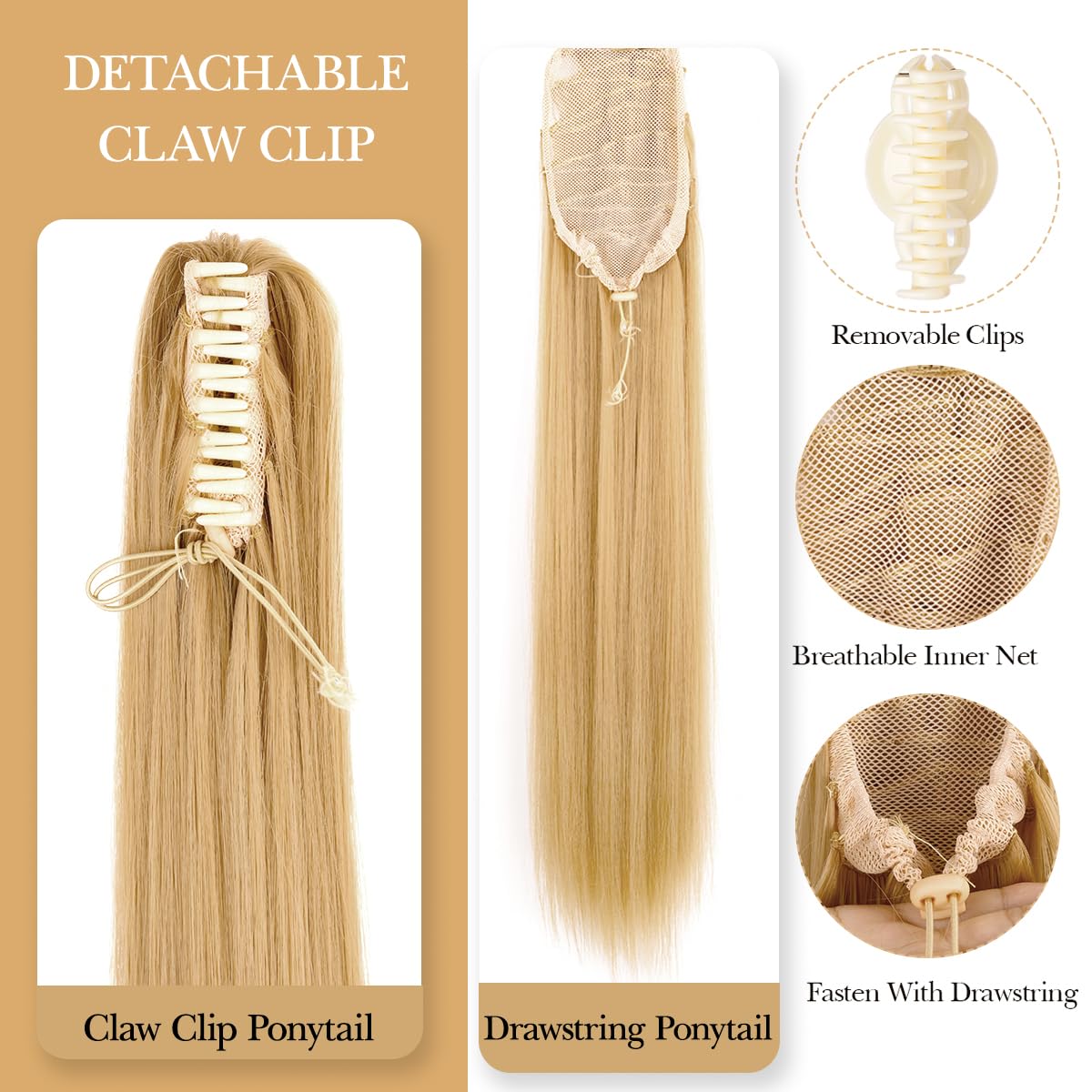 Extensiones de cabello falso largo y lacio, con clip de garra, para mujer, 22 pulgadas, 4.33 ozpaquete, extensiones de cabello de fibra sintética de