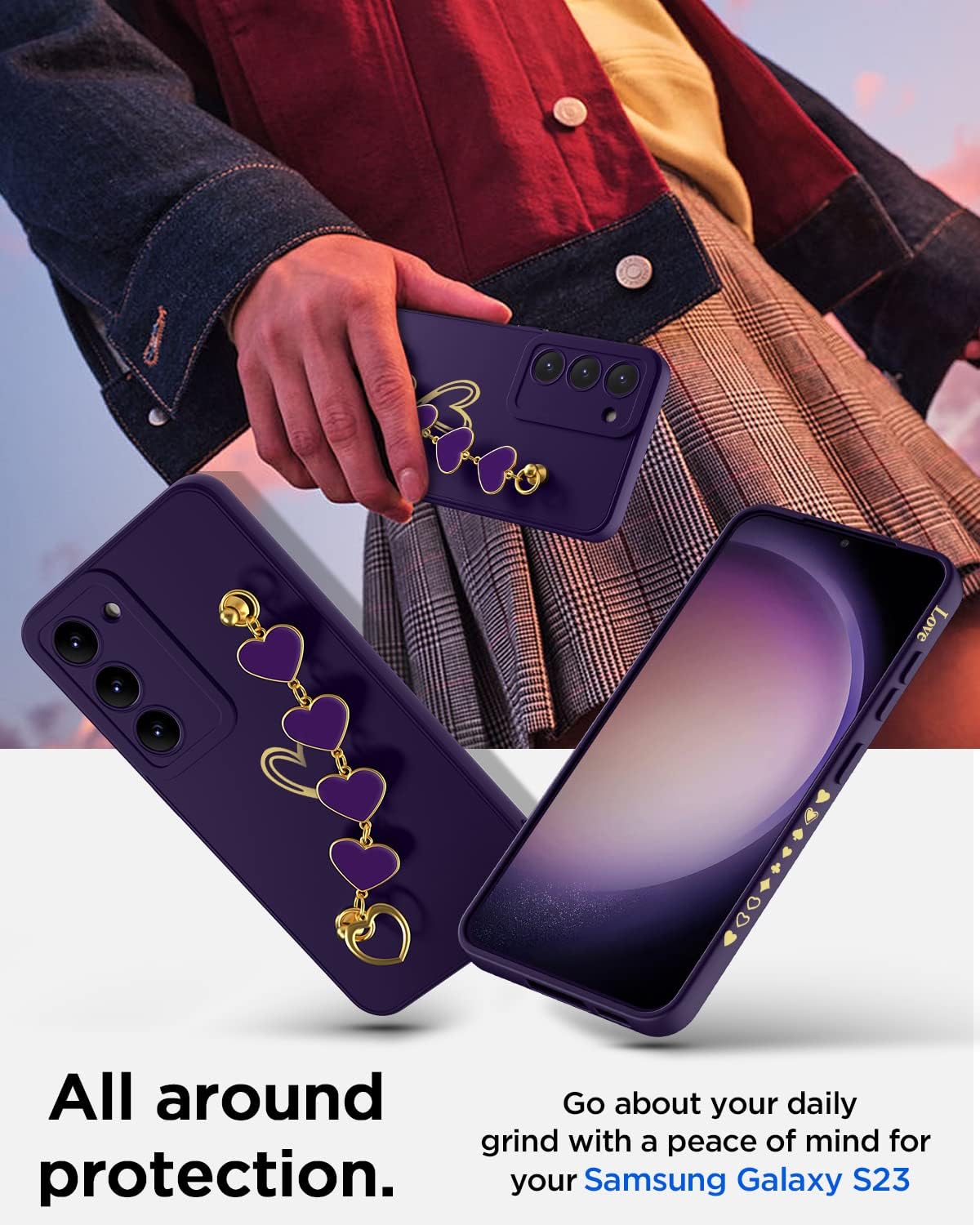 AICase Funda para Galaxy S23 Heart para mujer, protección de lente de cámara, bucle para tira de mano, bonita funda suave y delgada a prueba de