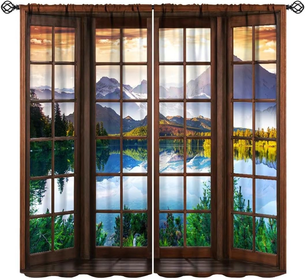 Cortinas de paisaje, paisaje natural, temático, bosque, lago, montaña, escena 3D, bolsillo para barra, cortinas opacas para ventana, para
