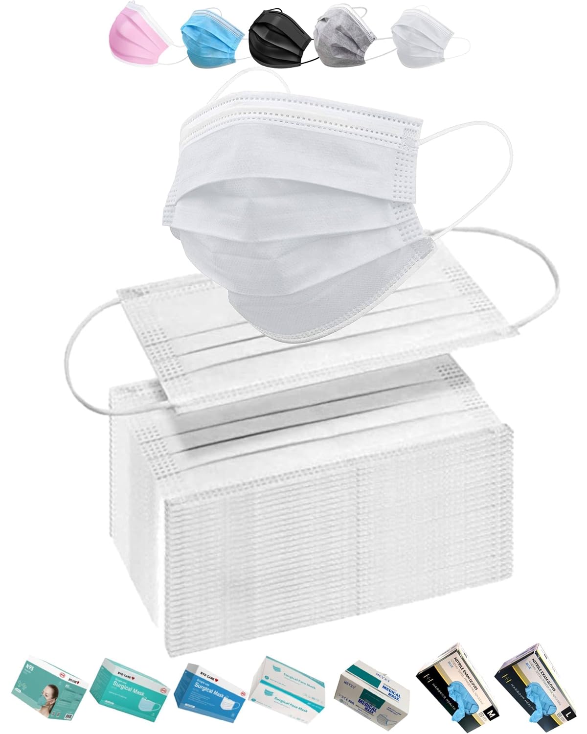 100 máscaras faciales desechables blancas para adultos, tela suave real de 3 capas (2 capas no tejidas, 1 capa fundida soplada), antipolvo, a prueba