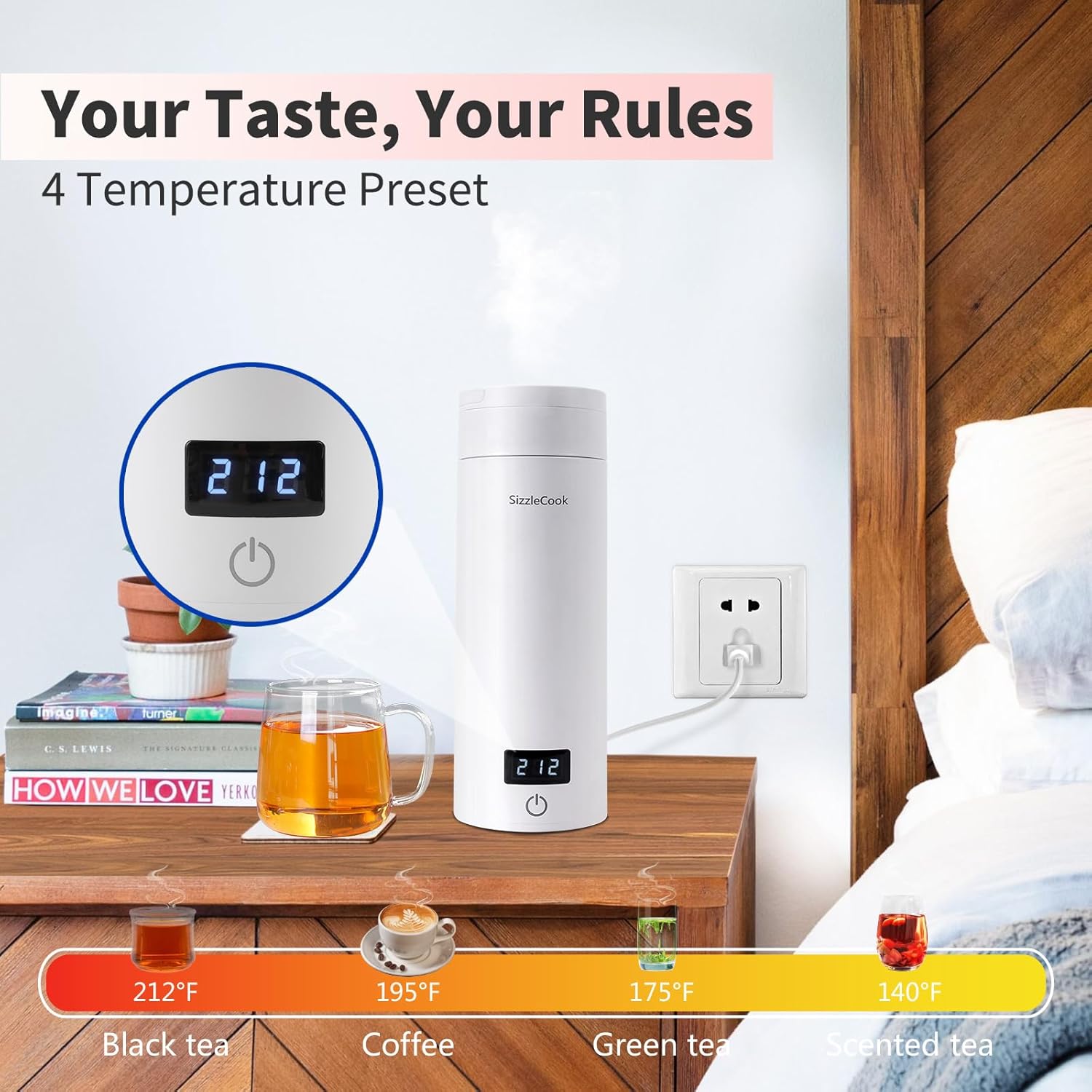 Hervidor eléctrico de viaje, caldera de agua caliente portátil para té, café, caldera de agua pequeña de 12.8 fl oz con control de temperatura,