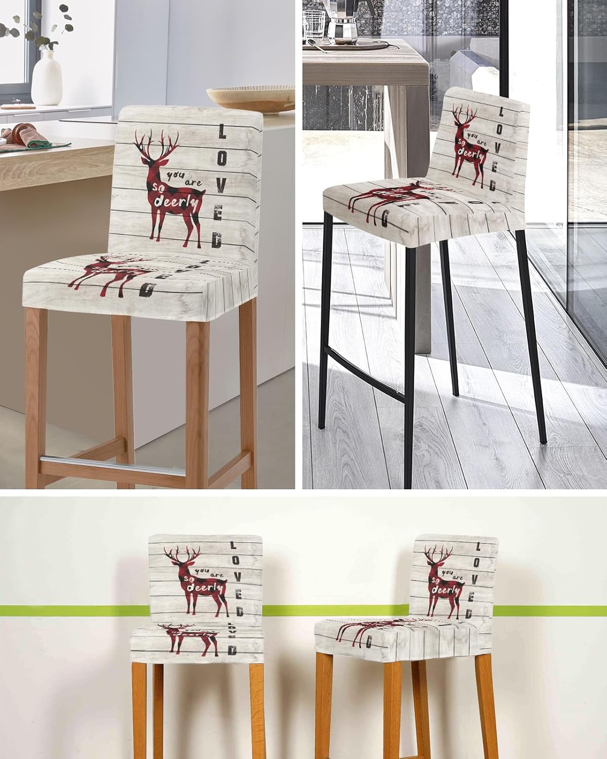 Bar Stool Covers Reindeer Shape Stretch Removable Bar Chair Cover I Love You Red Buffalo Check Plaid Wooden Counter Slipcovers for Kitchen Pub
