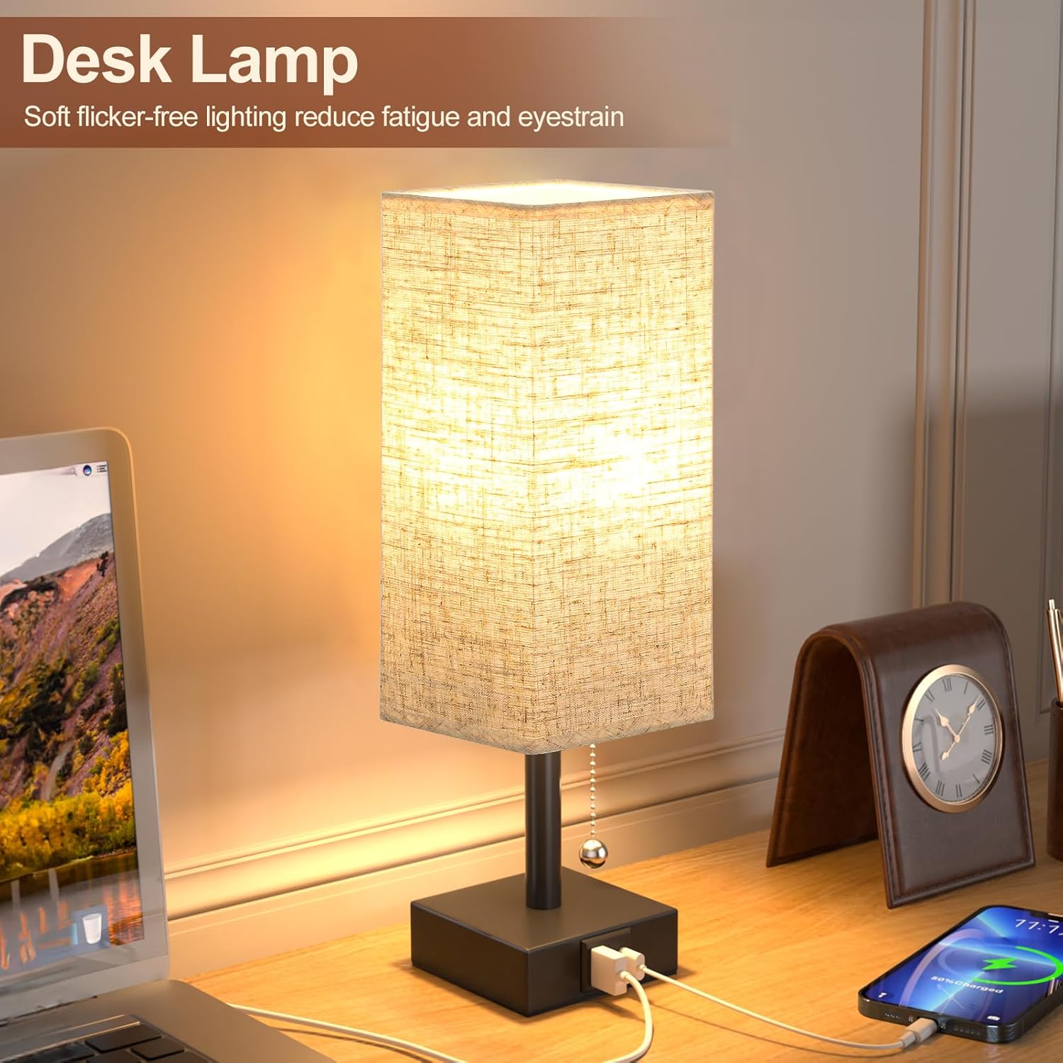 Lámpara de noche beige con puertos USB, lámpara de dormitorio con cadena de tracción para mesita de noche, lámpara de mesa pequeña con USB C + un