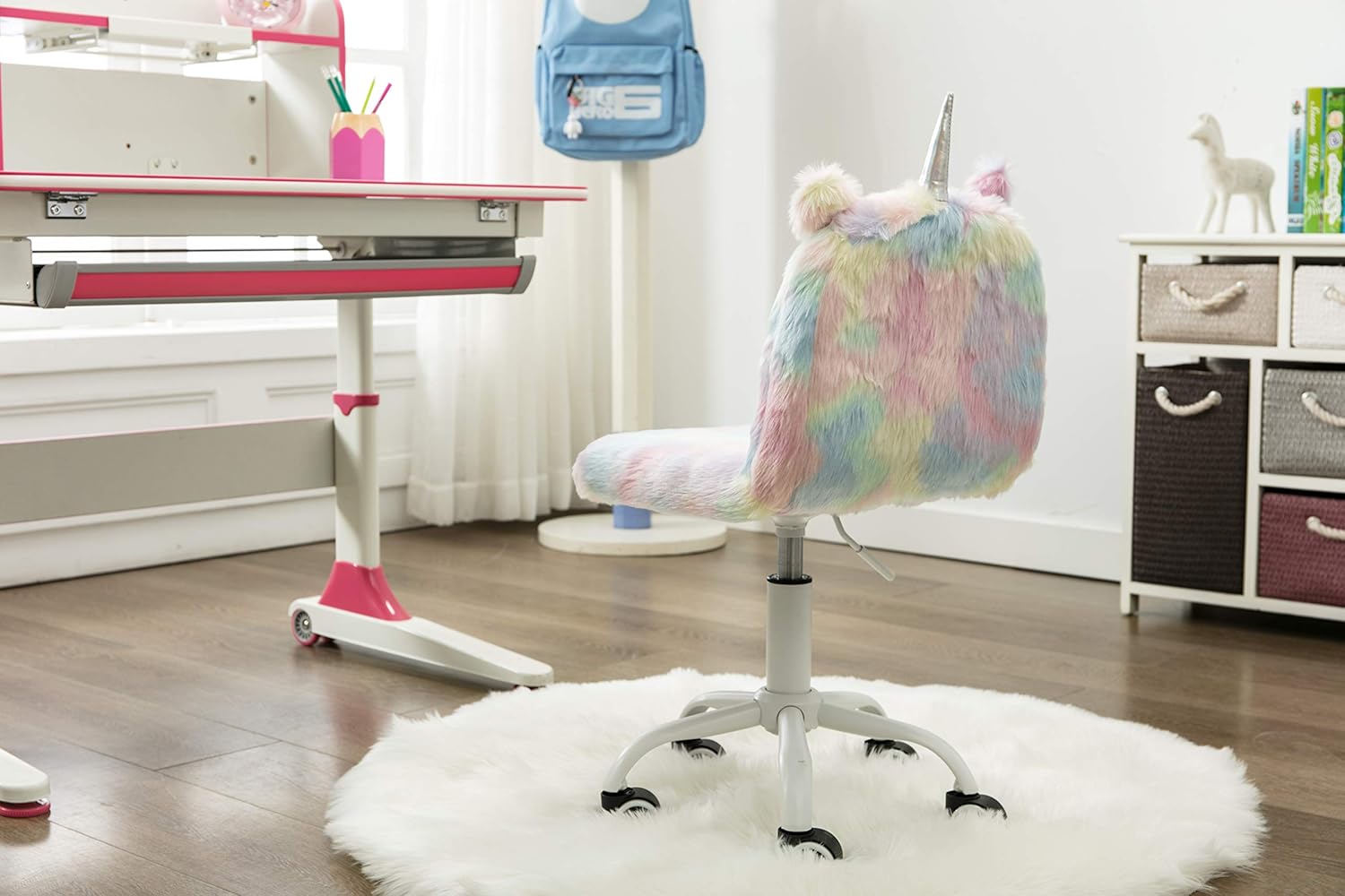 Guyou Silla de escritorio de estudio para niños, asientos de sudor, silla colorida para niños, linda silla giratoria con ruedas para computadora con