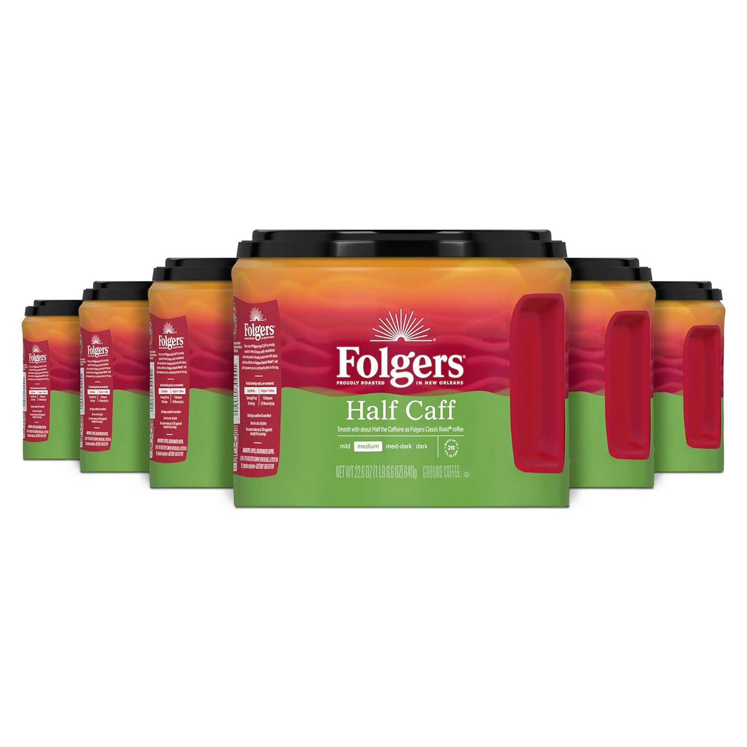 Folgers Café molido de tostado medio Half-Caff, 22.6 onzas (paquete de 6)