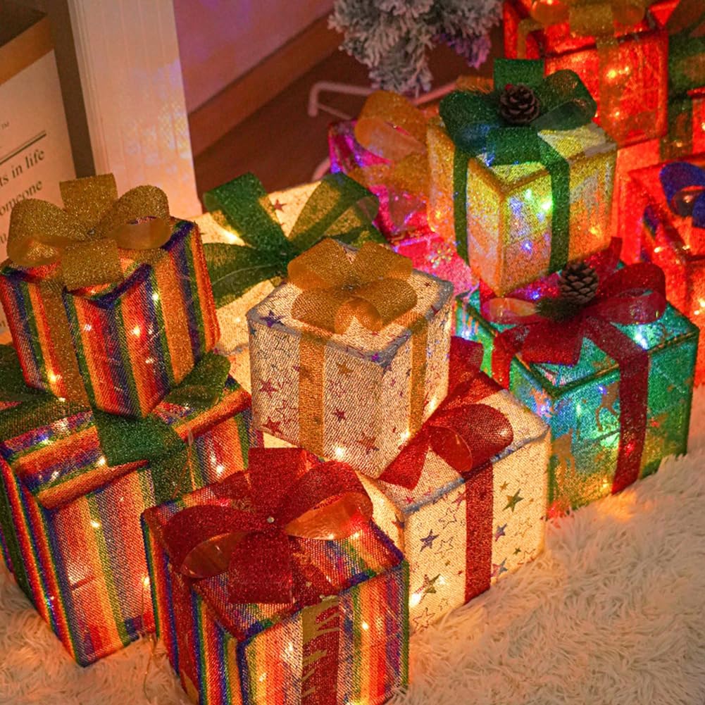 Cajas de regalo iluminadas de Navidad, juego de 3 cajas de decoración de 10 a 8 a 6 pulgadas con lazos y control remoto, funciona con pilas, adorno