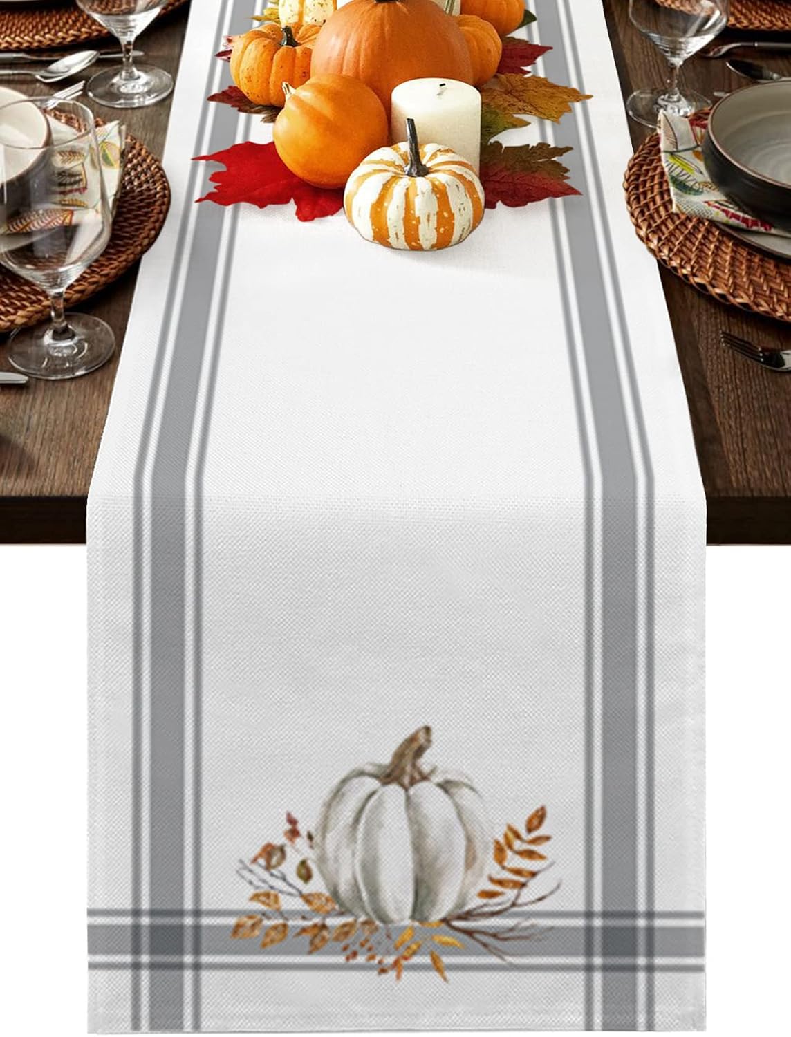 Camino de mesa de Acción de Gracias de 36 pulgadas, color gris calabaza de otoño, camino de cama, bufandas para interiores y exteriores, fiestas,
