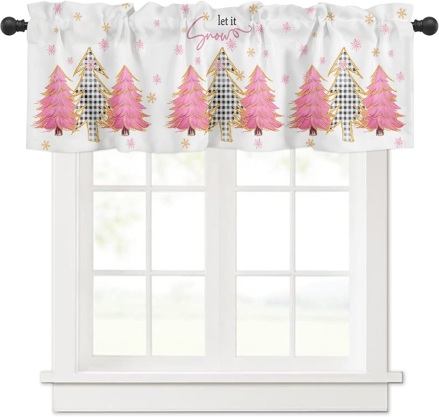 Maliyand Cenefa de cortina, árbol de Navidad de madera a cuadros negros rosa dorado copos de nieve de invierno cenefa con bolsillo para cortinero