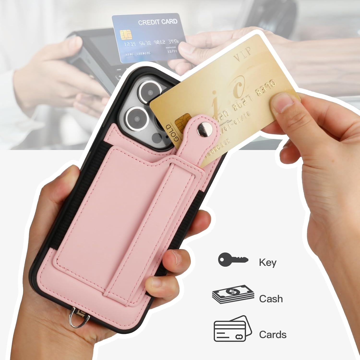 TOOVREN Funda para teléfono compatible con iPhone 15 Pro Max con cordón para iPhone 15 Pro Max, funda tipo cartera con soporte para tarjetas, funda
