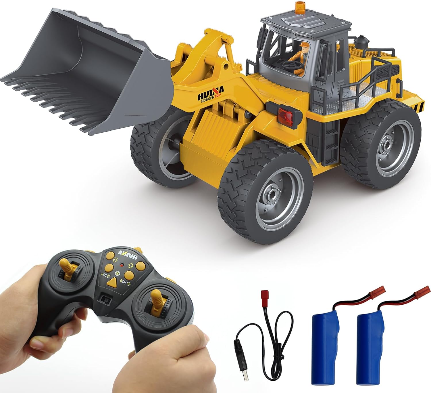 Fistone Cargador frontal RC de 9 canales, tractor de pala de aleación 4WD, niveladora RC de 2.4 GHz, vehículo de construcción, control de radio,