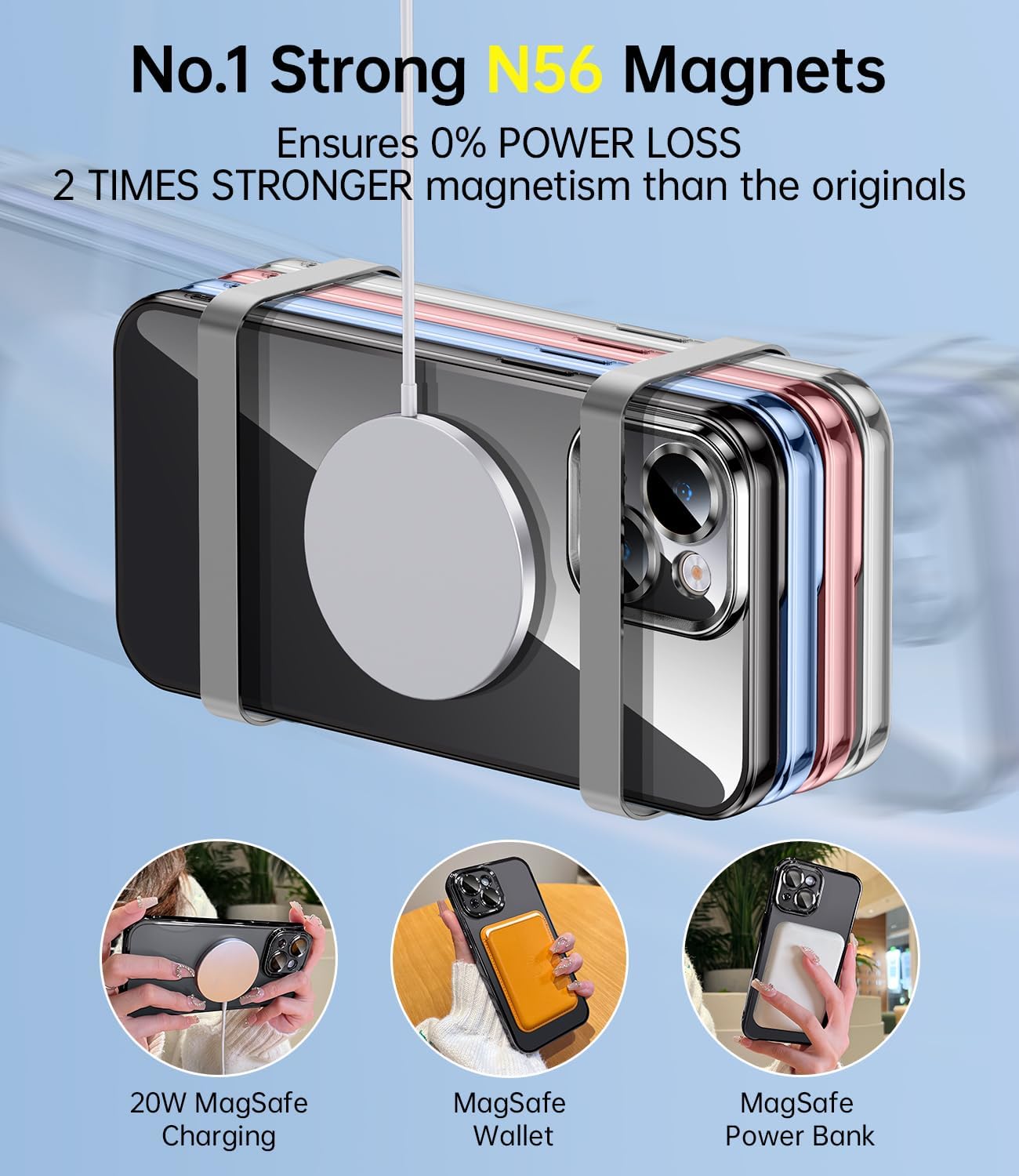 JUESHITUO Magsafe – Funda magnética transparente para iPhone 15 con protección completa de cámara Imanes N56 fuertes N56 protección contra caídas de