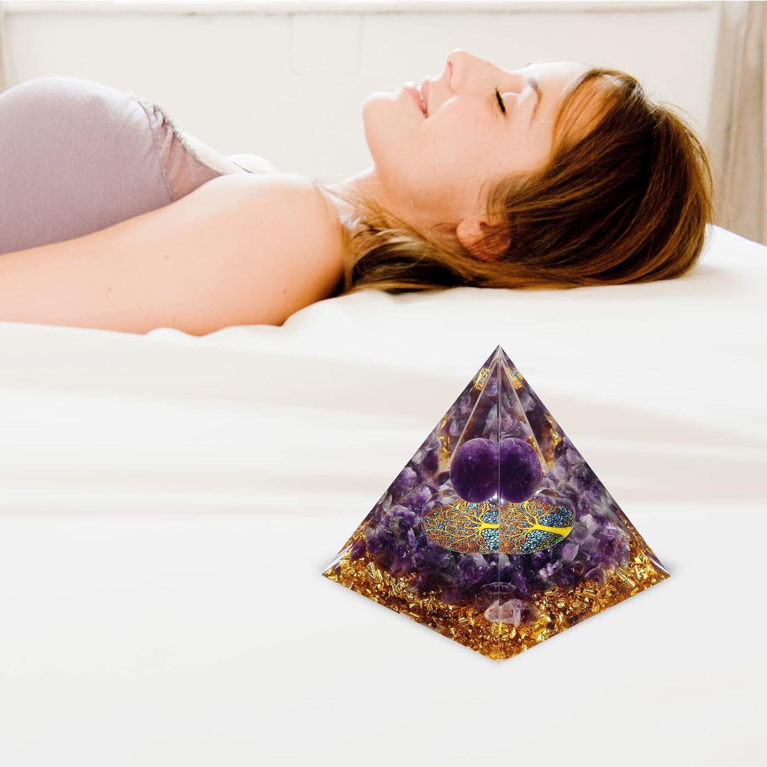 Pirámide de orgón para energía positiva, pirámides de cristal hechas a mano, bola de amatista, pirámides de cristal curativo para el estrés, reduce
