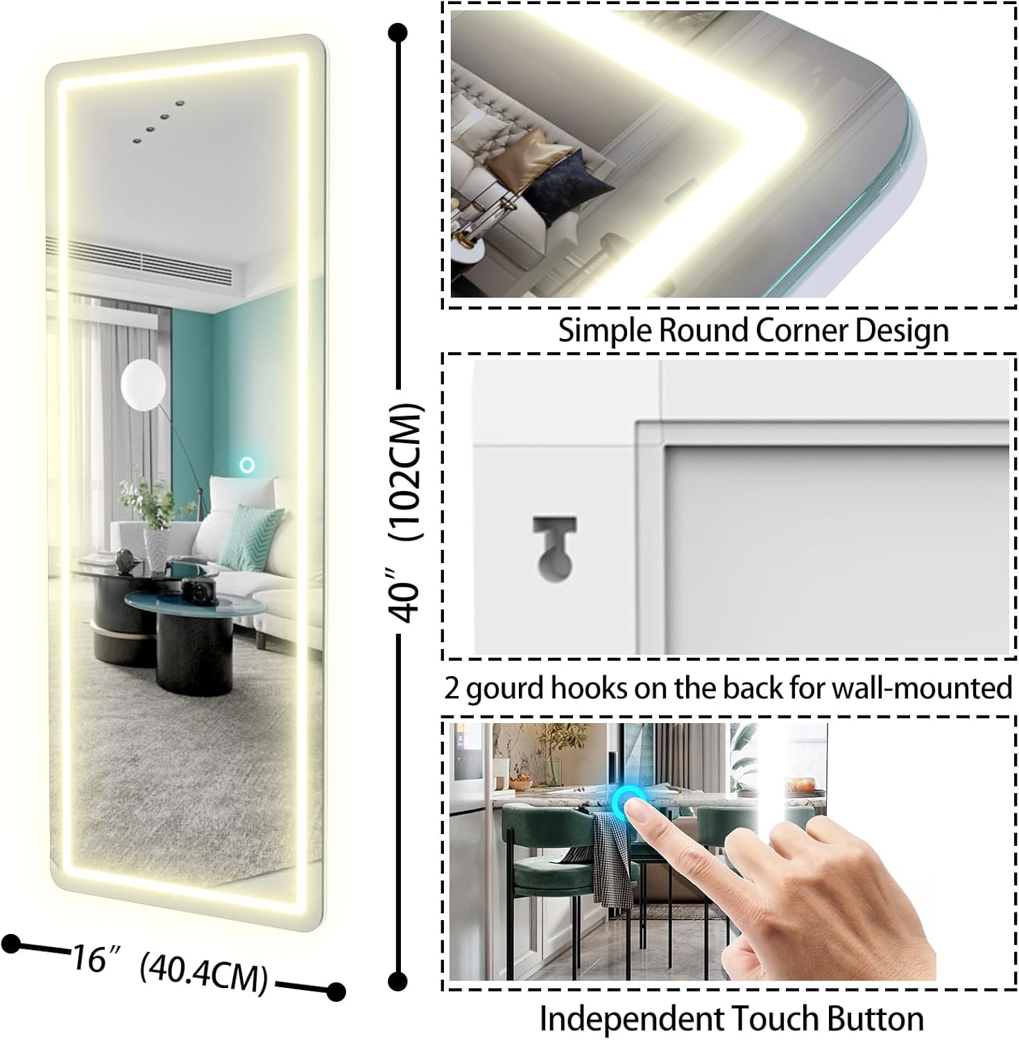 Biyatuos Espejo de pared con luz LED de 40 x 16 pulgadas, espejo de longitud completa con luces, espejo para colgar sobre la puerta, espejo para