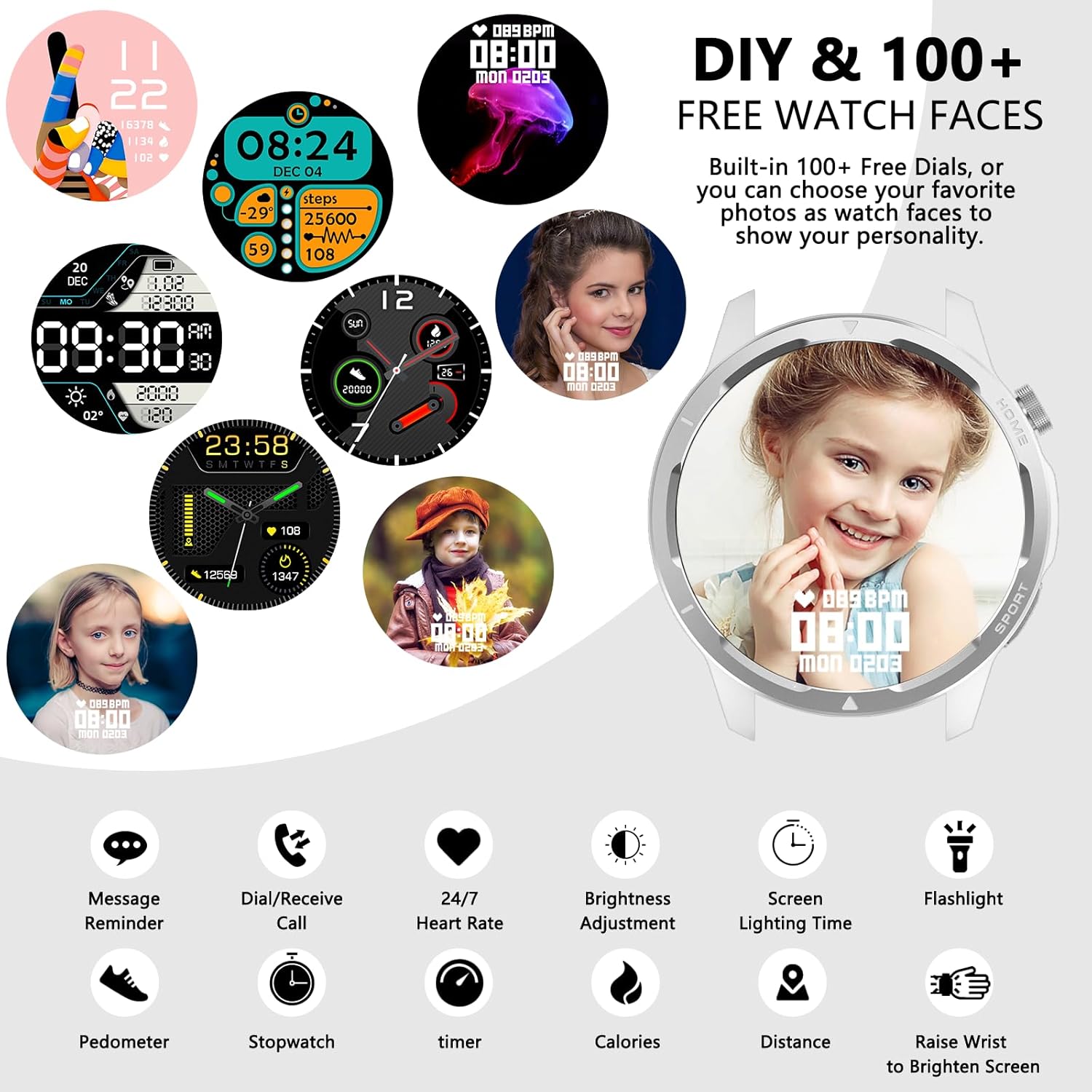 Wwzzey Reloj inteligente para hombres y mujeres (contestar llamadas), IP68 resistente al agua con podómetro, notificación de mensajes, reproductor