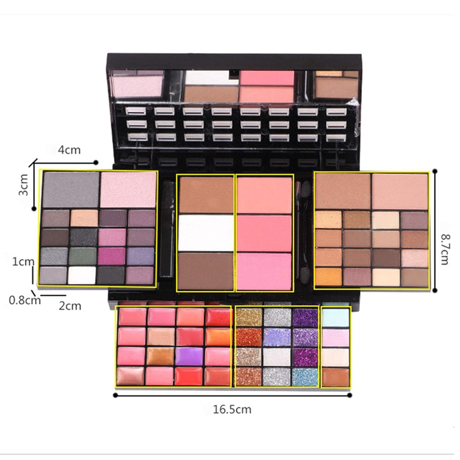 Kit de maquillaje profesional de 74 colores todo en uno, incluye 36 maquillaje de sombra de ojos, 16 brillo de labios, 12 crema con purpurina, 4