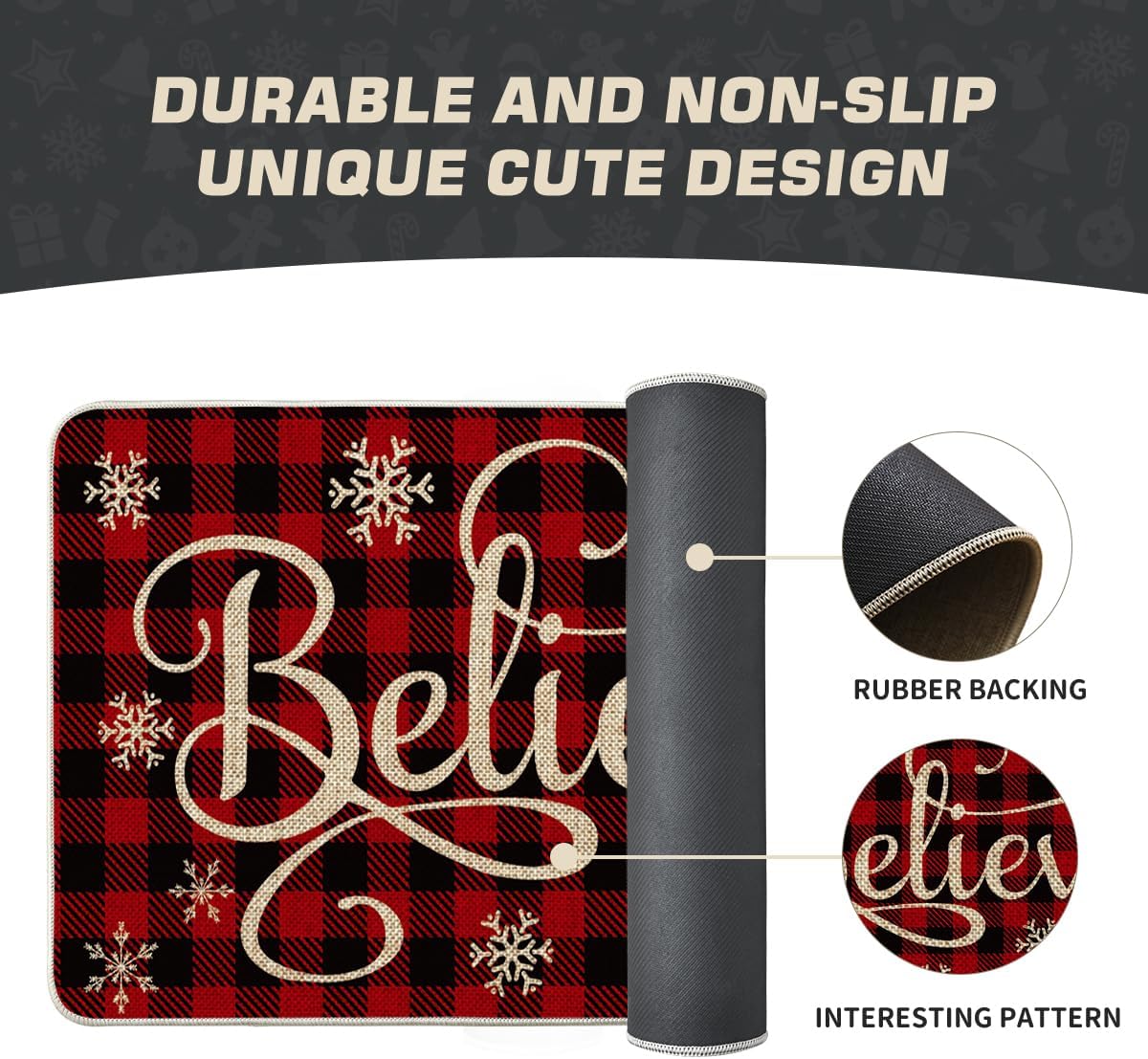 Artoid Mode Buffalo Plaid Snowflake Believe – Felpudo decorativo de bajo perfil, para interiores y exteriores, 17 x 29 pulgadas