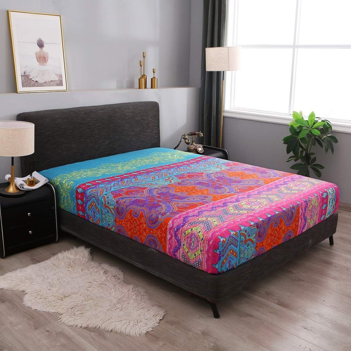 Juego de sábanas retro bohemias, 1 sábana bajera, 1 encimera, 2 fundas de almohada, 4 piezas (individual XL, rojo)