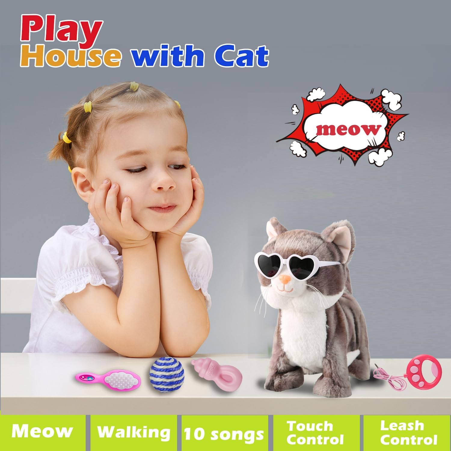 Juego de gato con correa gris que camina cantando que ronronea y maulla, robot de peluche animado, gatito en movimiento, animal de peluche realista