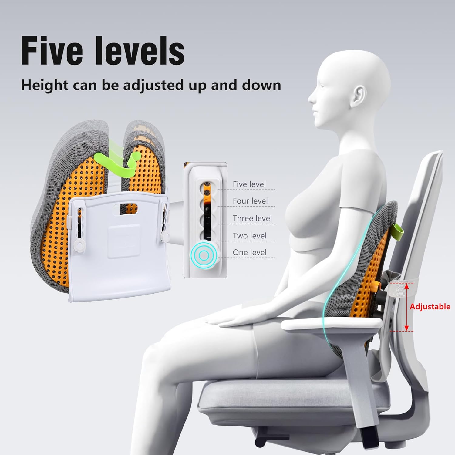 Cozyhealth Almohada de apoyo lumbar para silla de oficina y respaldo de automóvil, ergonómica ajustable de 5 niveles de altura, elástico, soporte de