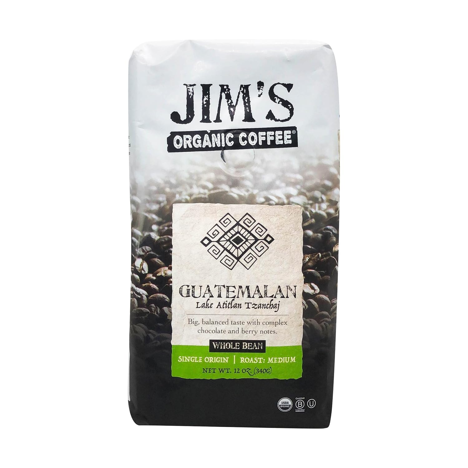 Jim’s Organic Coffee Lago Guatemalteco de Atitlán  Origen único, tostado medio  Bolsa de grano entero de 12 onzas