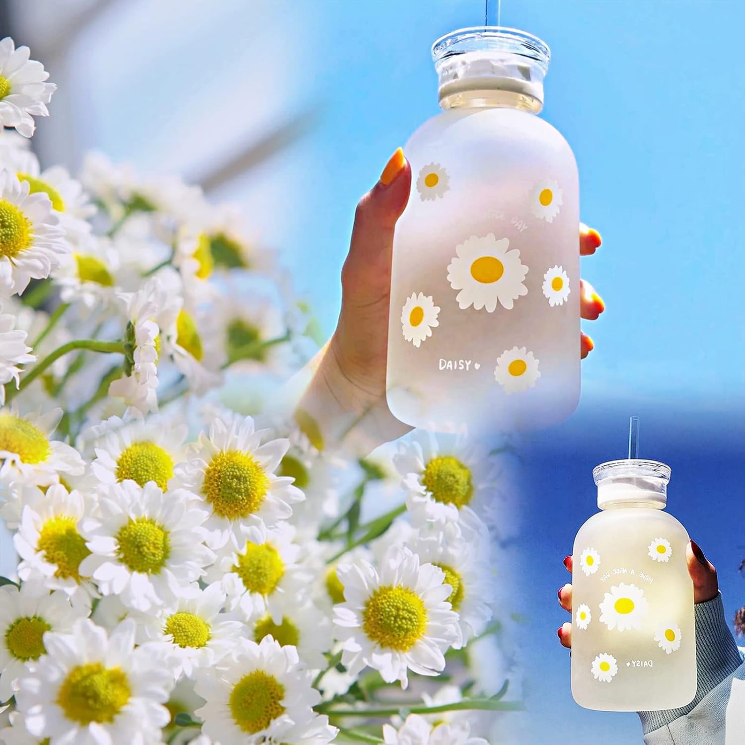 Milk Juice – Lindas botellas de agua estéticas lindas para mujeres, botella de agua portátil de vidrio esmerilado Kawaii Little Daisy con popote y 2