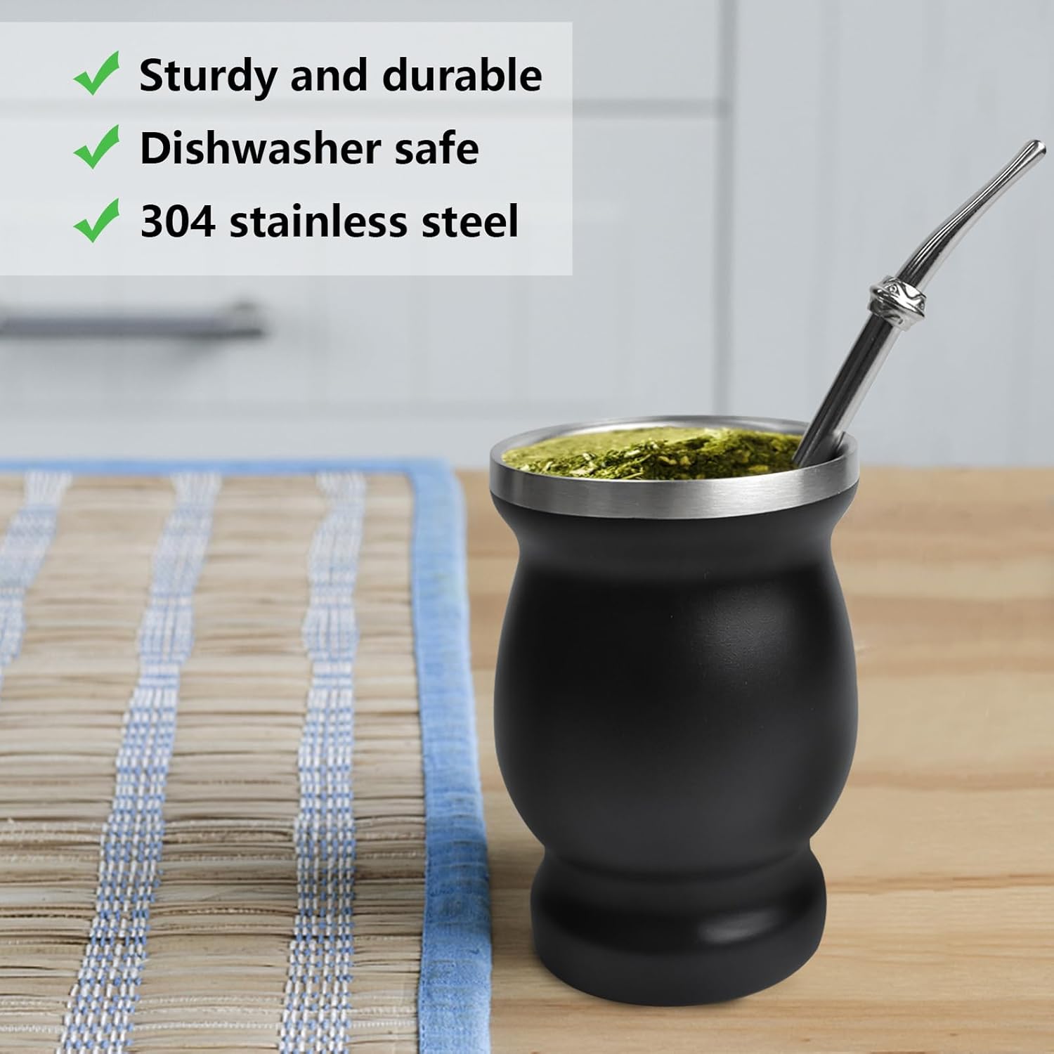 Artcome Juego de 4 tazas de yerba mate de acero inoxidable  1 taza mate de acero inoxidable de doble pared de 8.5 onzas (negro), 2 bombillas (paja