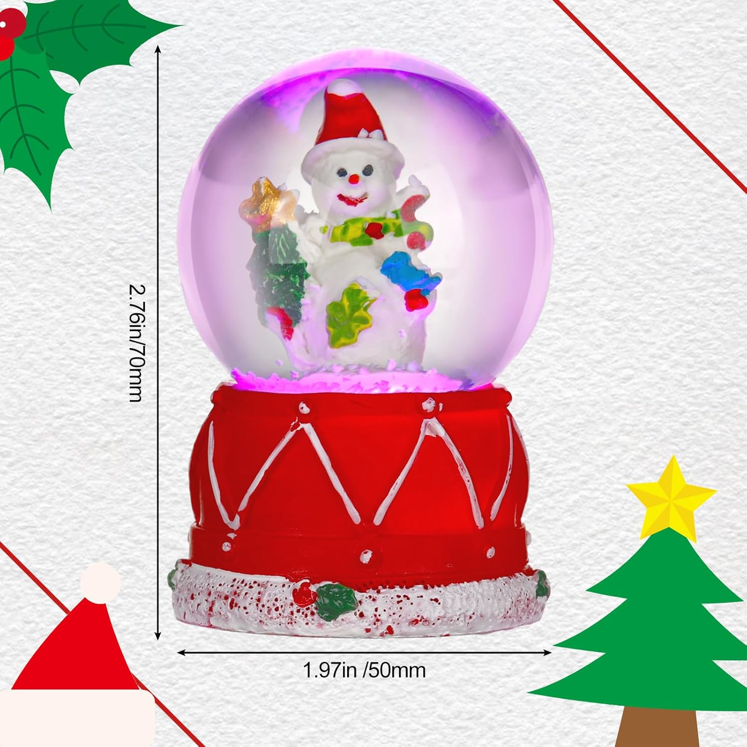 Hiboom 3 globos de nieve pequeños de Navidad, luces LED, árbol de Navidad de Papá Noel y muñeco de nieve, bolas de cristal ligeras, alimentadas con